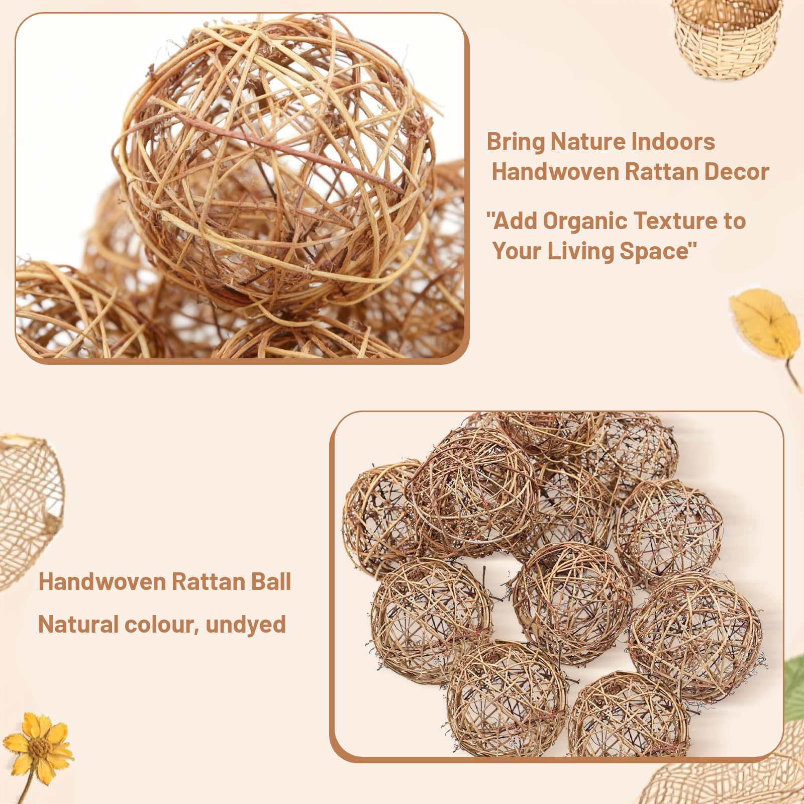 Lot de 12 boules en rotin naturel à suspendre - 7,6 cm - Remplissage de vase pour loisirs créatifs, fête, décoration de table de mariage, accessoires d'aromathérapie