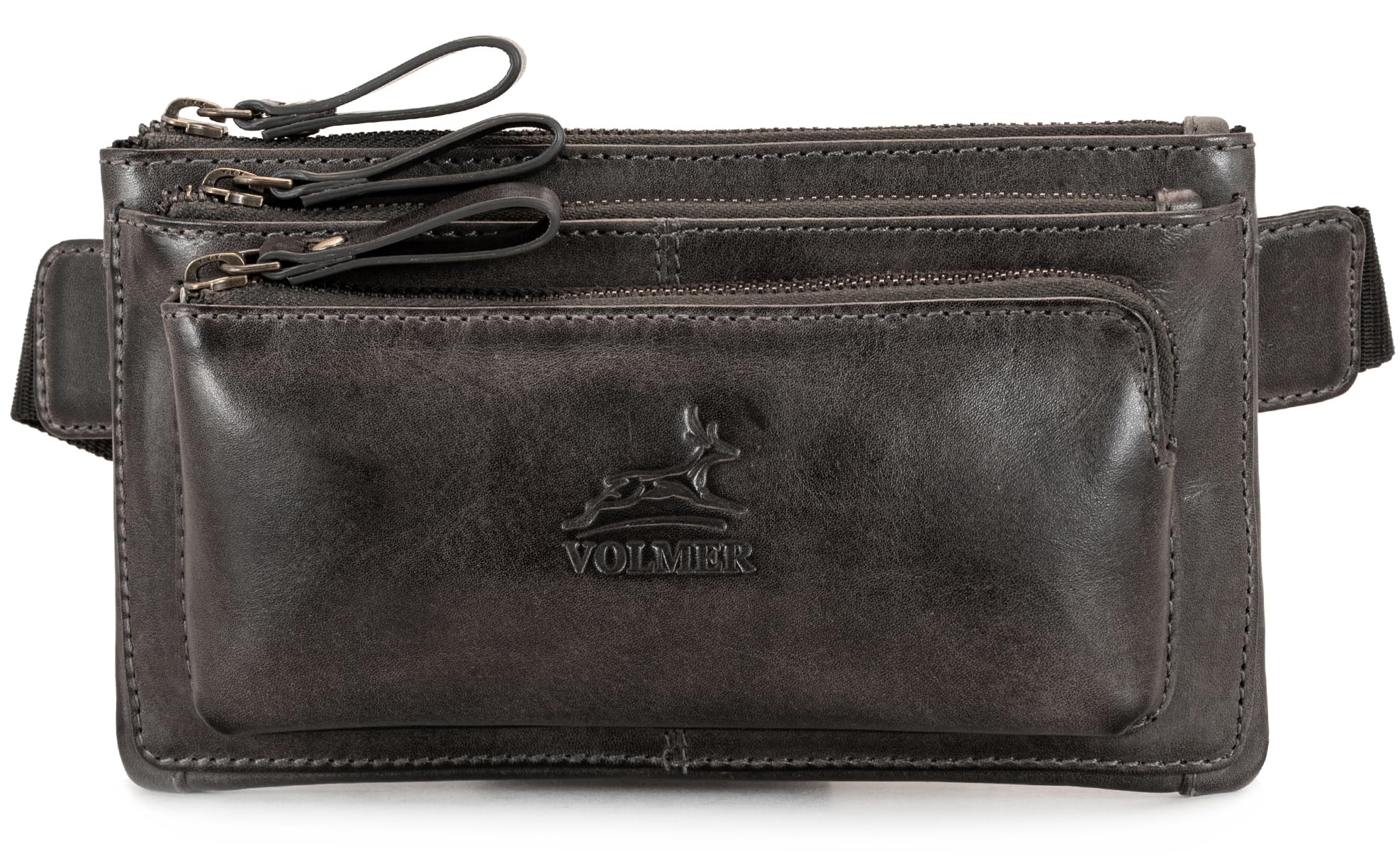 Fa.Volmer ® Riñonera de Cuero Auténtico para Hombre y Mujer | Negro o Marrón | Correa Ajustable Hasta 118 cm, Basalto Gris Cuero Liso