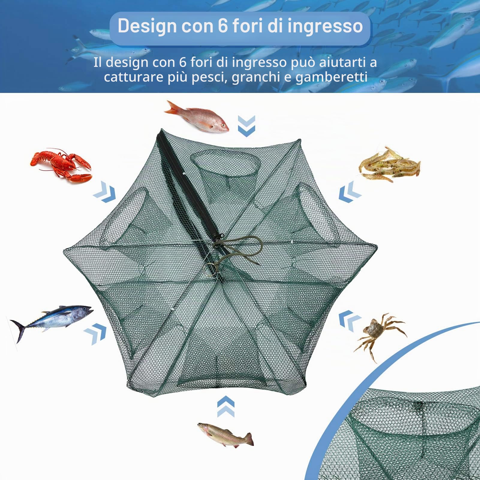 Yosoo Rete Trappola da Pesca Portatile, Trappola a Rete da Pesca in Nylon Pieghevole con 6 Fori per catturare anguille odorose Granchio Aragosta Pesce Gamberetti e aragoste