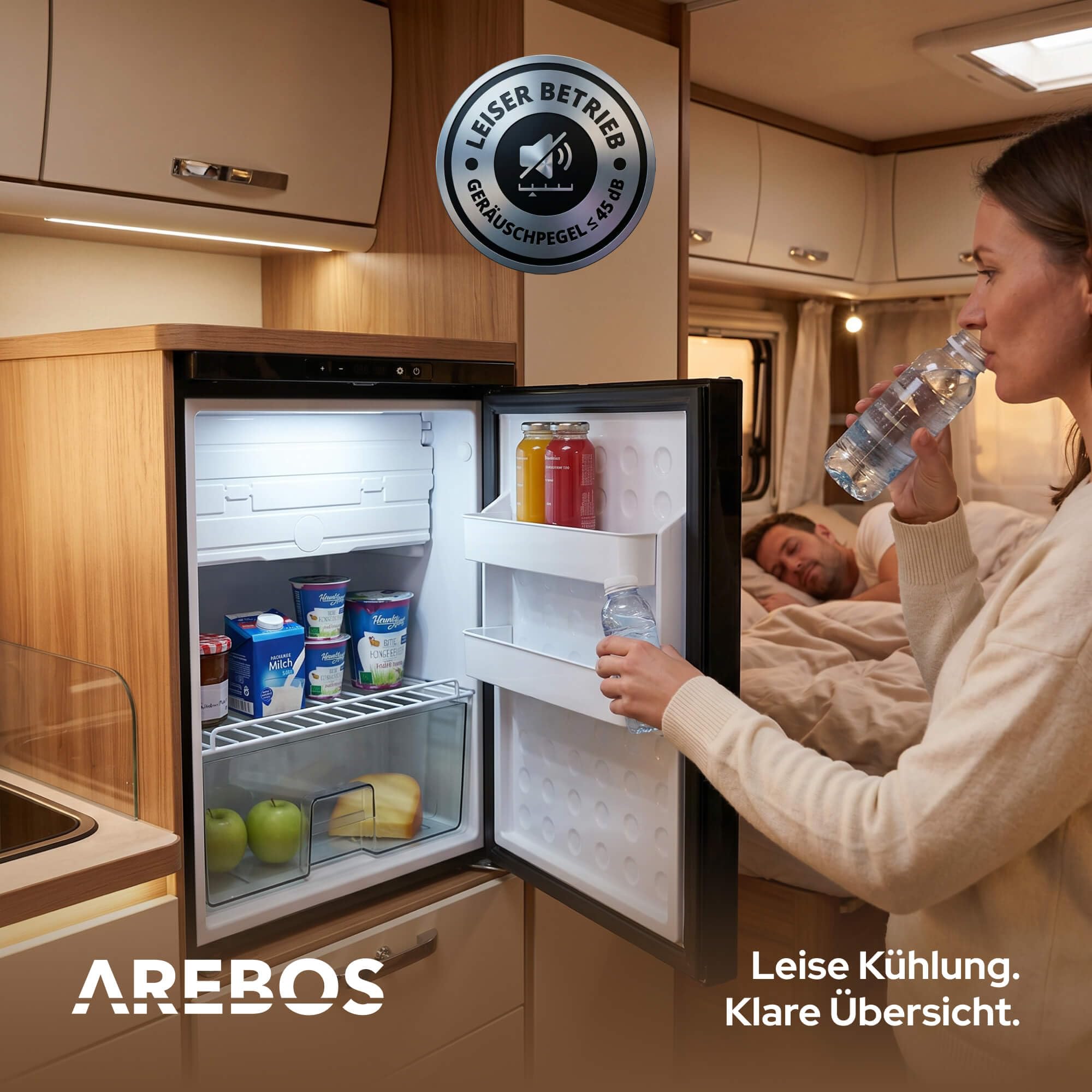 Arebos Wohnmobil Kompressor Kühlschrank 65L mit Gefrierfach | Camping & Outdoor Kühlschrank 12V/24V | bis -20°C | Auto & LKW | Wechselbarer Türanschlag | APP-Steuerung
