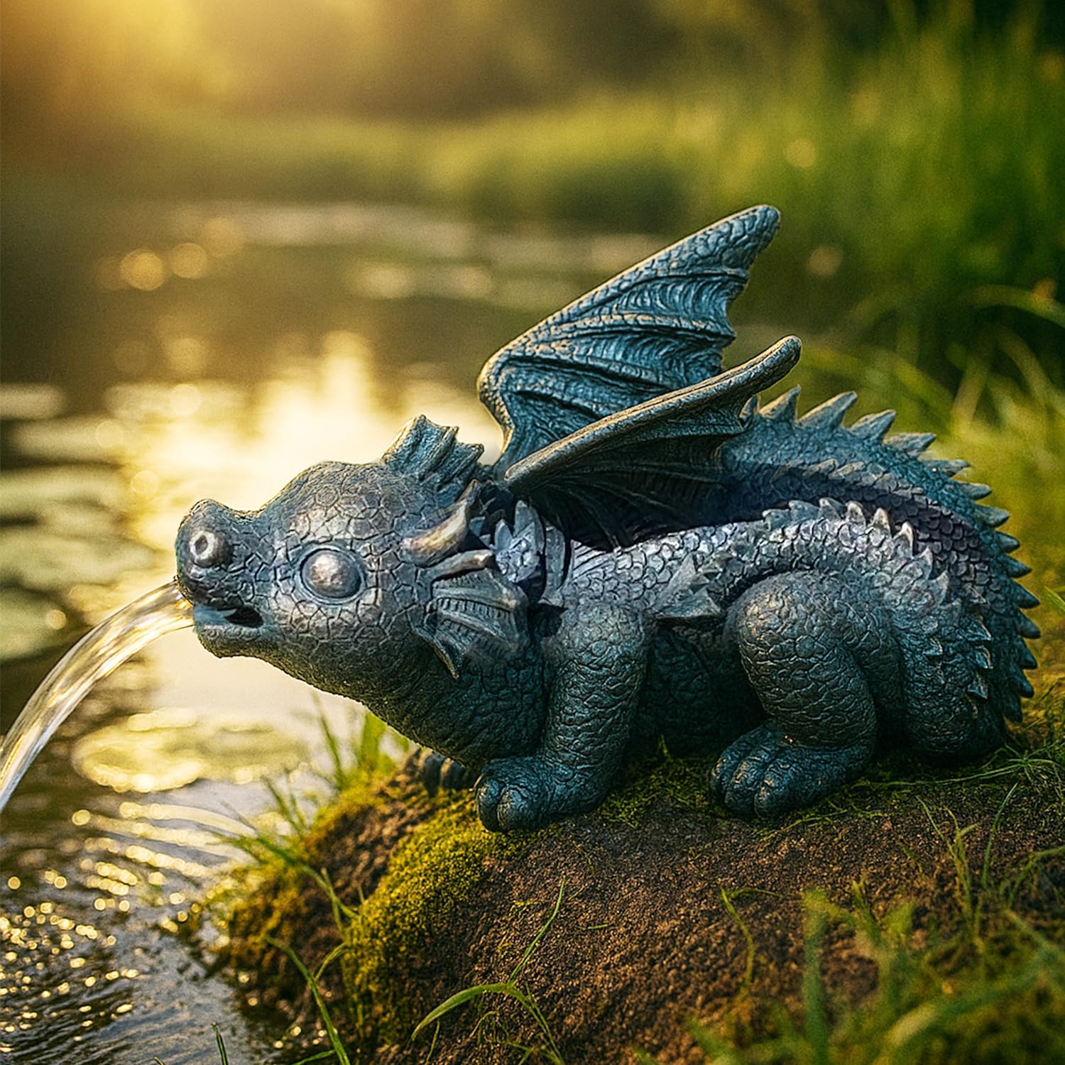 Gartenbrunnen für Außen 230V ZAUBER-Drache Zierbrunnen Zimmerbrunnen mit LED-Beleuchtung Wasserspiel für Garten, Gartenteich, Terrasse, Balkon