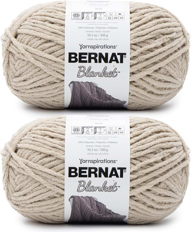 Bernat Blanket Super Bulky Acrylic Yarn - 2 Pack of 300g/10.5oz #6 Chunky Chenille Heavy Weight Yarn for Knitting and Crocheting, Amigurumi, Thick Blankets (Almond, 220 Yards 2-Pack)