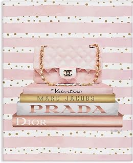 Stupell Industries 'Pink Purse Bookstack over Stripes'| Canvas Art | Stupell Industries | 16 x 20 Inches, Easy to Hang and Sturdy, Made in USA, by Amanda Greenwood