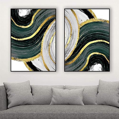 Miniatura 4 de VLOLIFE Arte de pared moderno nórdico de papel de aluminio de oro verde para sala de estar lienzo abstracto mesa de salón sin marco 16 x 24 pulgadas