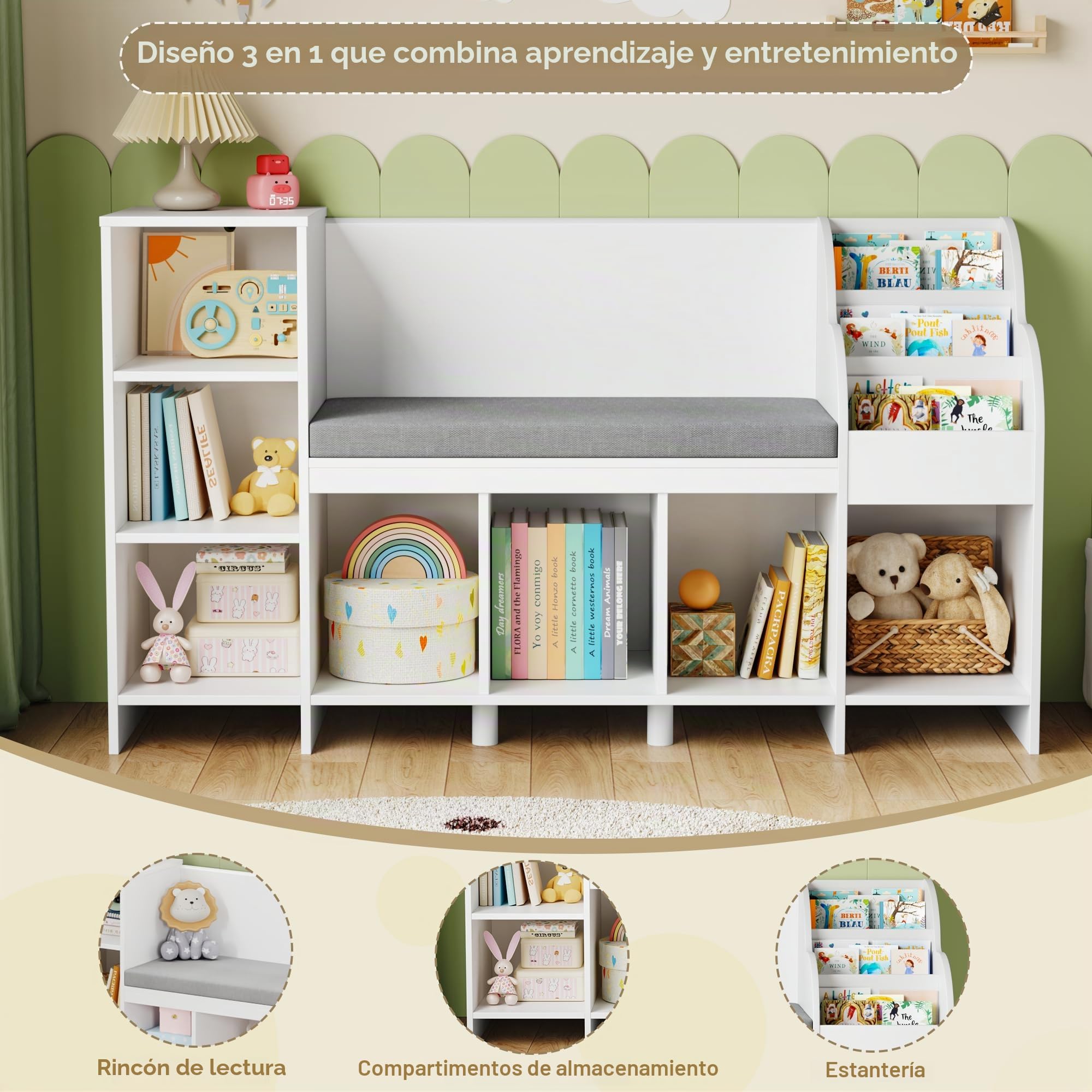 HOCSOK Estantería Infantil, libreria Infantil con Cojín, Almacenaje Juguetes con 7 Compartimentos, Infantil Blanco, Banco, 80×40×138.5cm