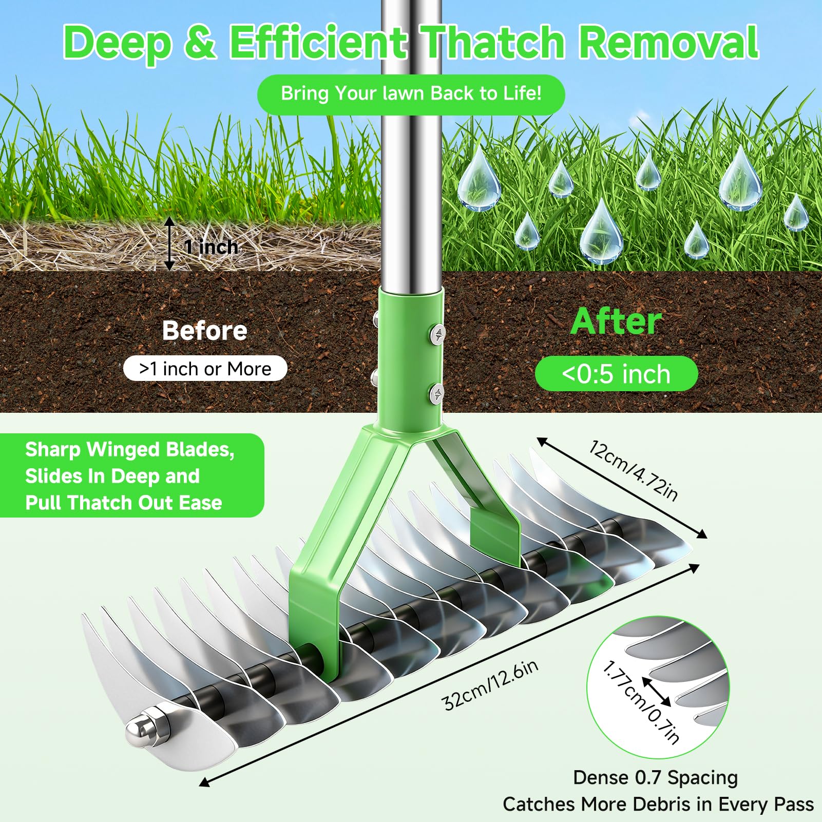 Rastrillo de paja para césped, rastrillos de jardín con mango ajustable de 160 cm con 21 dientes, rastrillo de jardín de 32 cm de ancho, resistente, rastrillos de césped para aflojar el suelo, césped