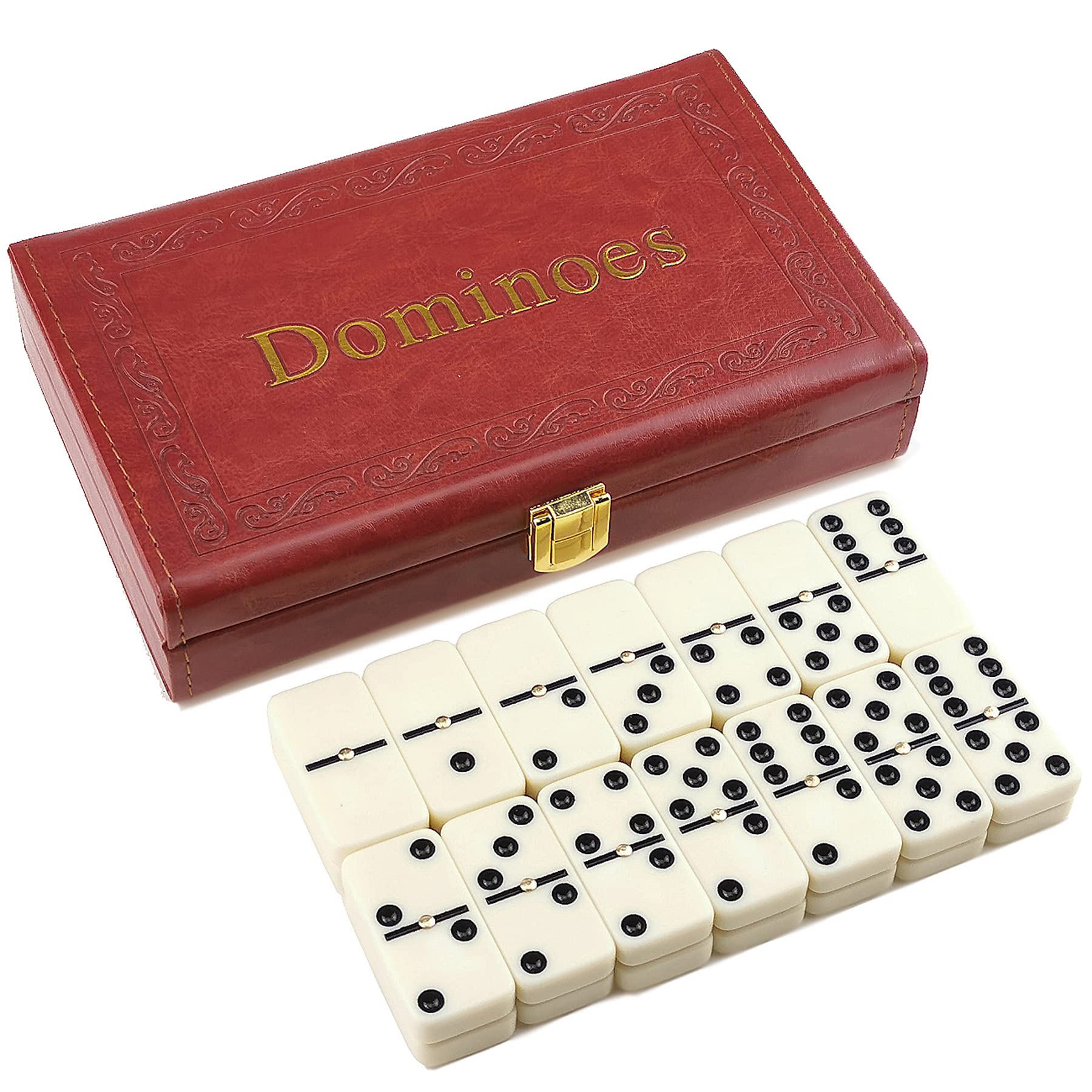 Dominoes Set for Adults - Double 6 and 28 Tiles with Spinner in Leatherette Case (Red)