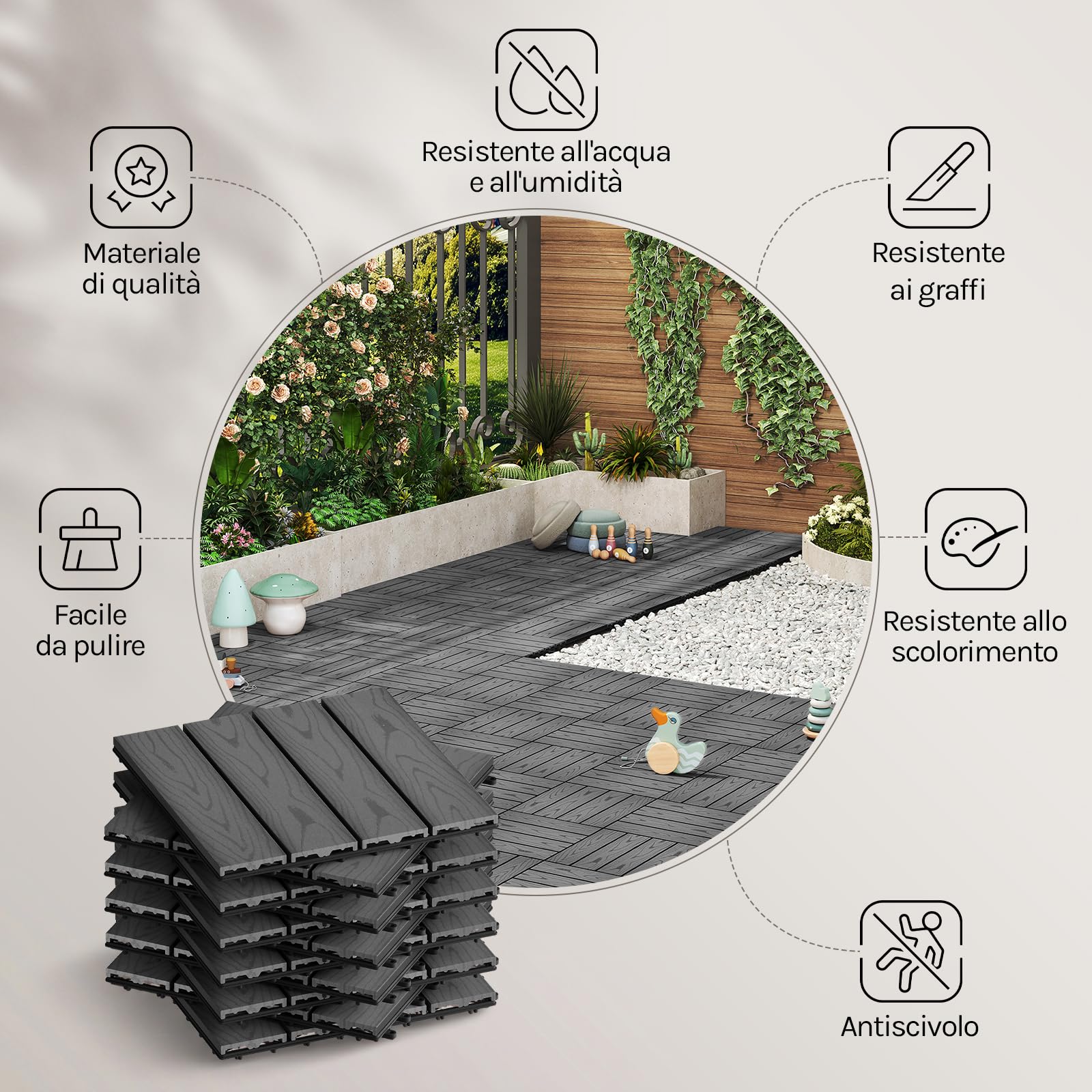 WOLTU 22 x Pavimentazione Esterna WPC ad Incastro 30x30cm,Grigio | Piastrelle ad Incastro, Per Balcone/Giardino/Terrazza, in WPC, Legno Composito, 22 Pannelli / 2 m², Grigio