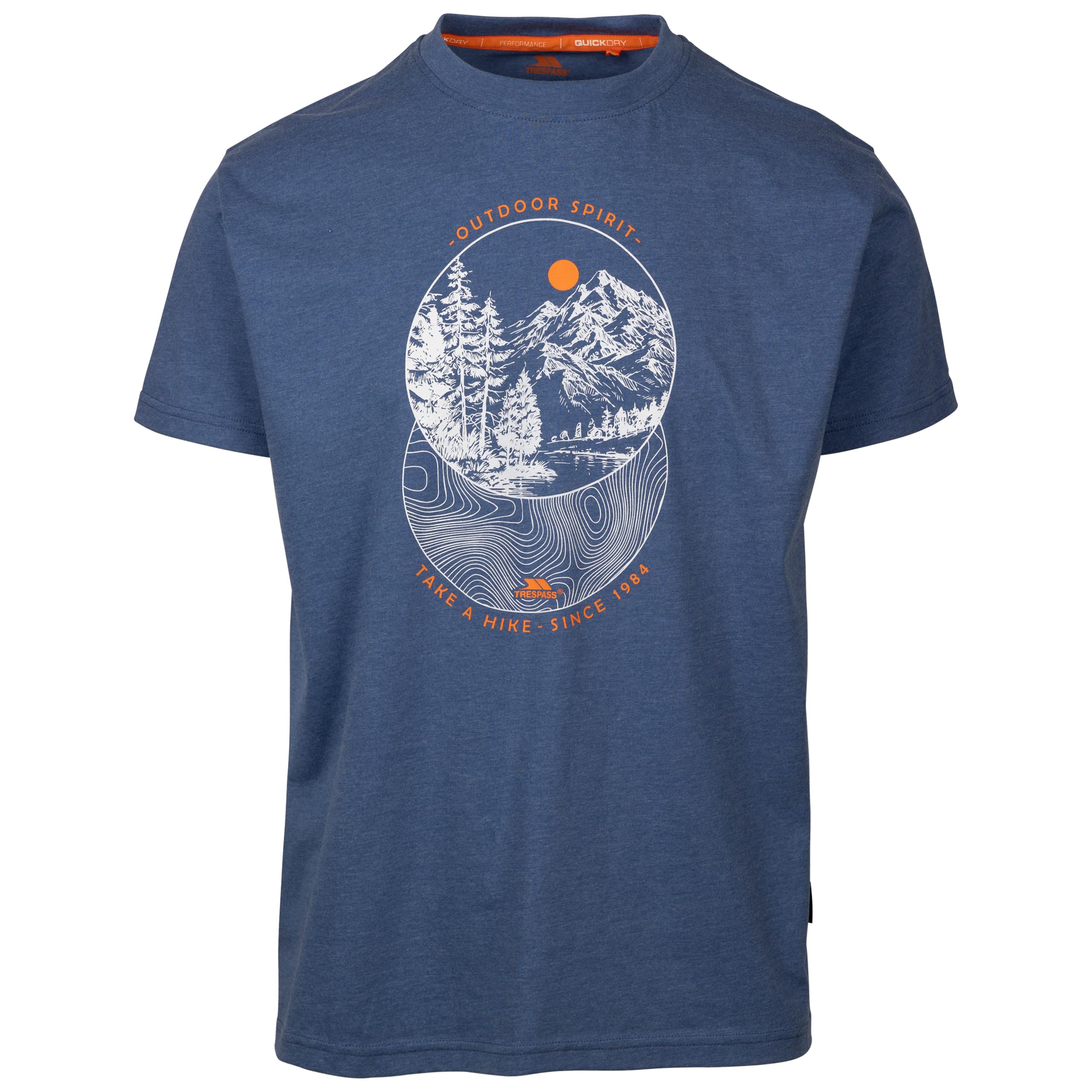 Trespass Men's Indigo Blue Marl Casual Fit T-Shirt Printed Design Quickdry Top Flagel