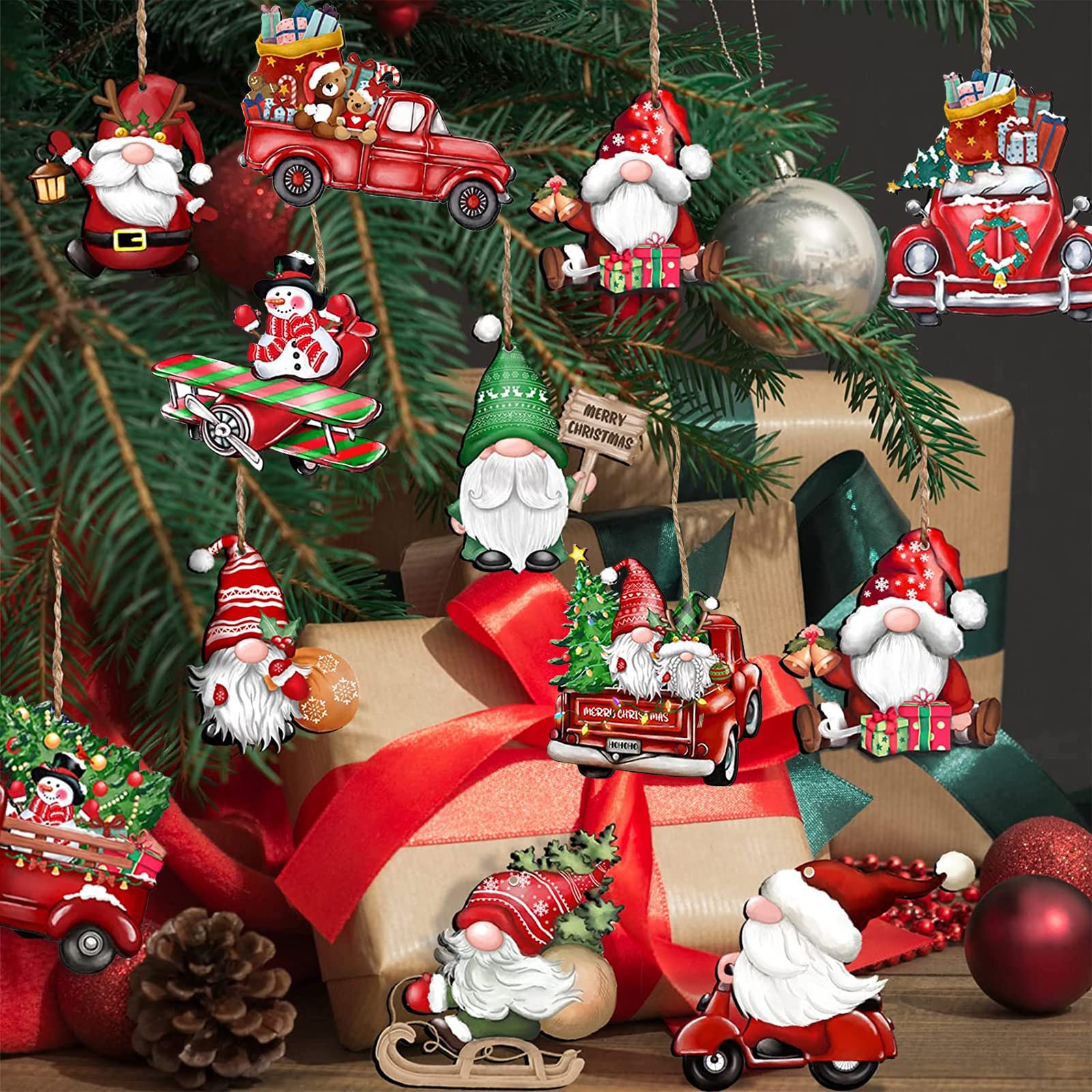 ZoneYan Kit 7 Maisons De Noël En Bois à Peindre – Pendentifs Sapin, Pinceaux, Strass, Ficelles – DIY Déco Festive