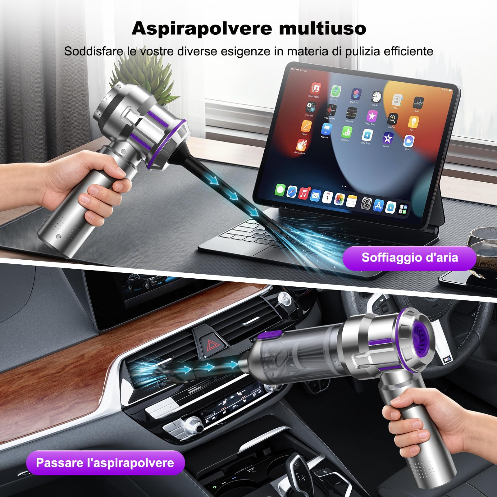 Aspirabriciole Senza Fili, 25000Pa Aspirapolvere Auto, Scarico Polvere Automatico a un Tocco & 4 in 1 Aspirazione con Motore Brushless, Aspirabriciole a 3 Velocità,Ideale per Peli di Animali,Auto,Casa