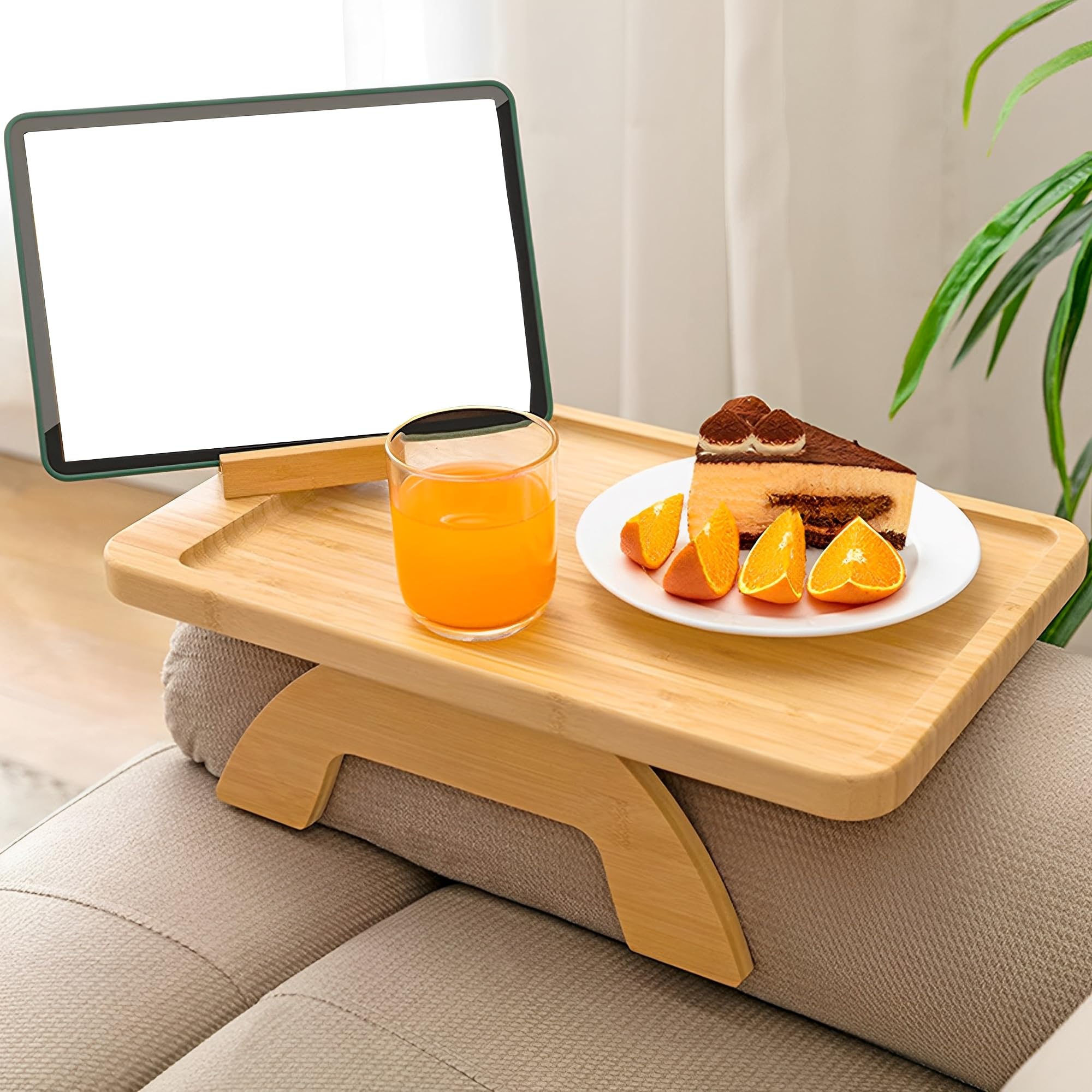 WYFCR Bamboo Sofa Arm Tray Table, Waterproof square Portable Armrest, side table with Rotating Mobile Holder, Breakfast plate, Rotating sofa table, Sofa Armrest Clip Tray for Food