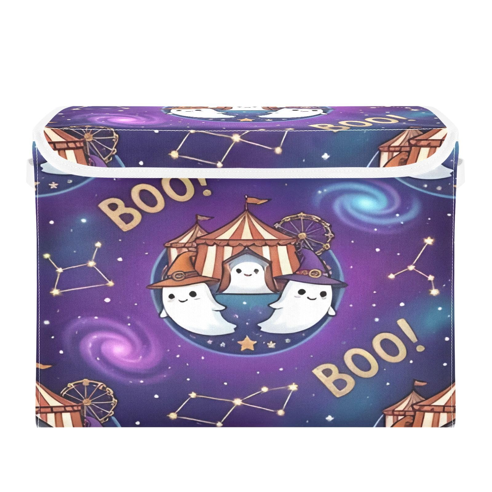 Ewusp Halloween Boo Fabric Storage Bin with Lid, Decorative Foldable Storage Basket with Handles, Stackable Closet Shelf Organiser Box for Clothes, Books, Bedroom, Living Room