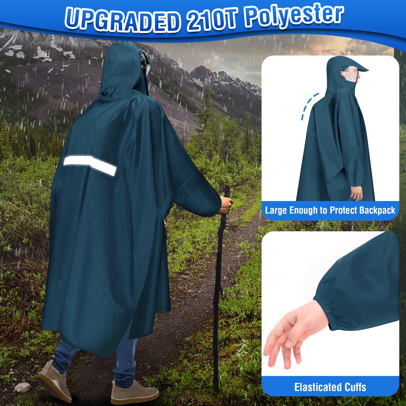 Regenponcho Herren Damen Wasserdichter Regenponcho für Fahrrad Wiederverwendbar Regen Poncho mit Reflektierenden Streifen Leichtes Atmungsaktives Regencape für Radfahren, Wandern, Angeln