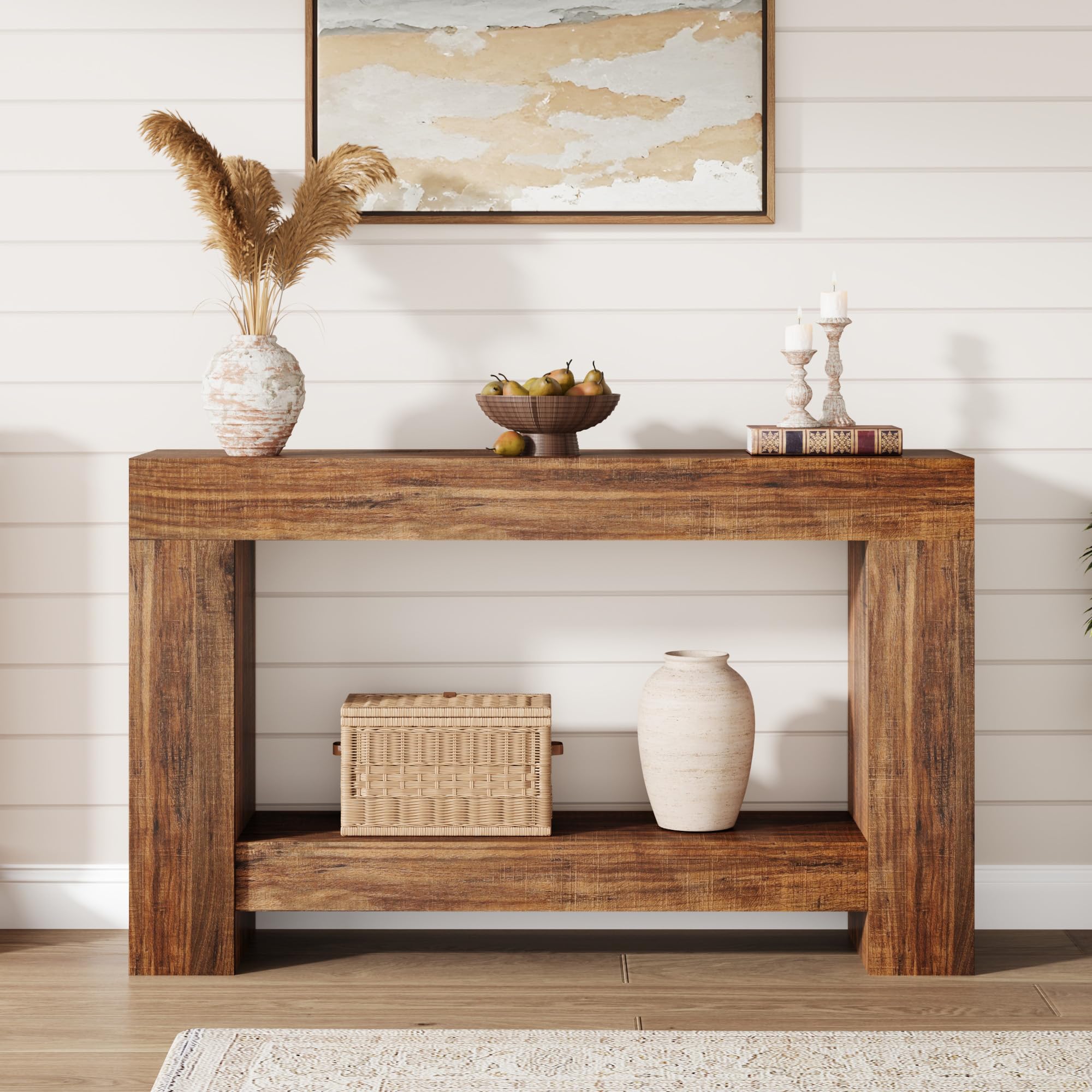 garvee farmhouse console table for living room, long console table for entryway, 2-tier large sofa table with storage, entryway entry table for entrance, hallway, retro brown, 47"