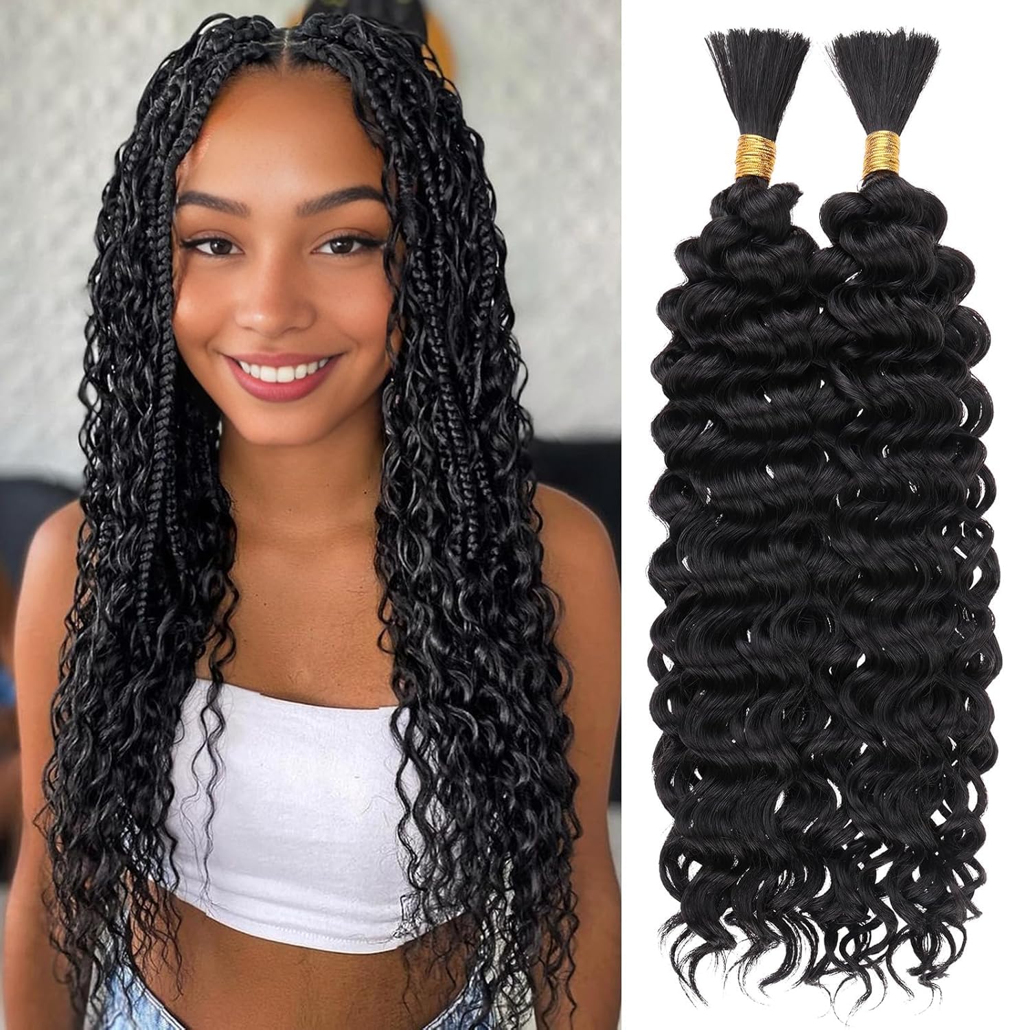 Human Braiding Hair for Boho Braids Human Hair Braiding Hair 100g 20 Inch Curly Boho Hair for Braiding Knotless 12A Deep Wave Bulk Human Hair for Braiding Bohemian 2 Bundles/Pack Natural Color