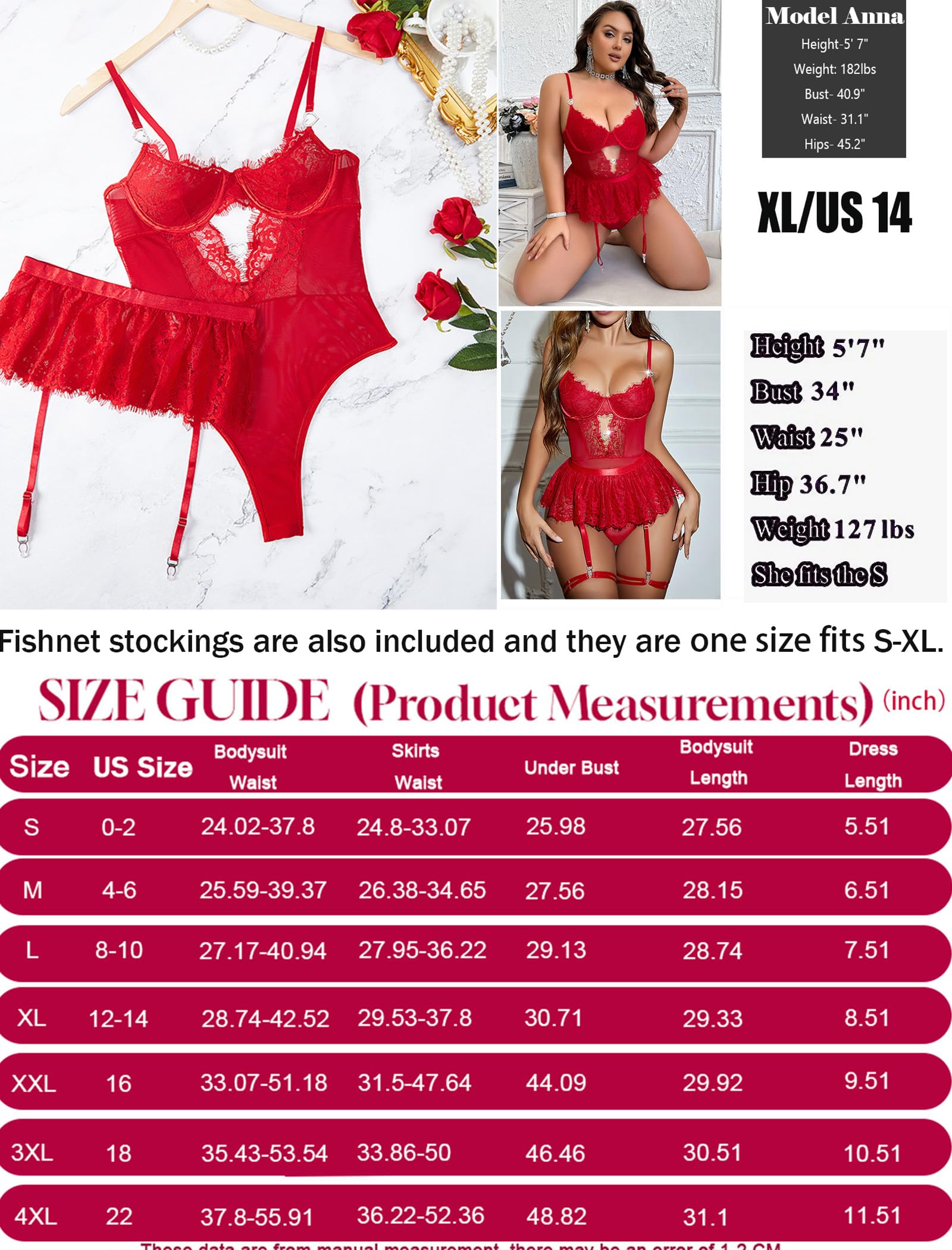 Alrovetoney Women Lingerie Set Naughty Lace Bodysuit High Waisted Underwire Lingerie Babydoll With Garter Belt and Stockings: XX-Large Red