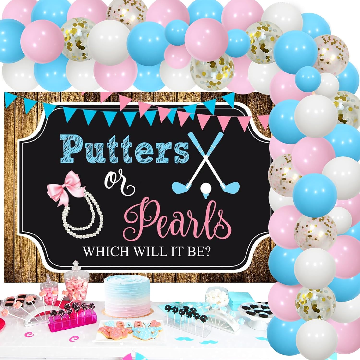 Putters or Pearls Gender Reveal Decorations Golf Gender Reveal Decoration Backdrop Putters or Pearls Which It Will Be Backdrop Banner Pink Blue Balloon Garland He or She Bow Necklace Decor