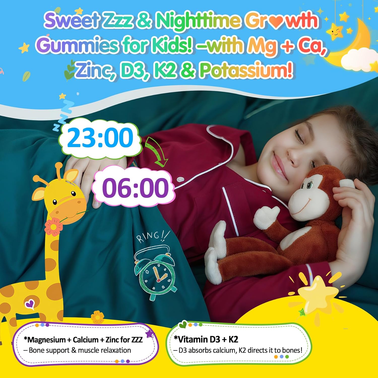 Kids 4+ Magnesium Glycinate + Saffron | Calcium | Zinc, Bedtime Sleep Gummy, Night Mineral + Vitamin Filled Gummies, Melatonin Free | Vitamin D3 K2 | Relax Happy, Bone, Only Need 1 Gummy - Sweet Dream - Image 4