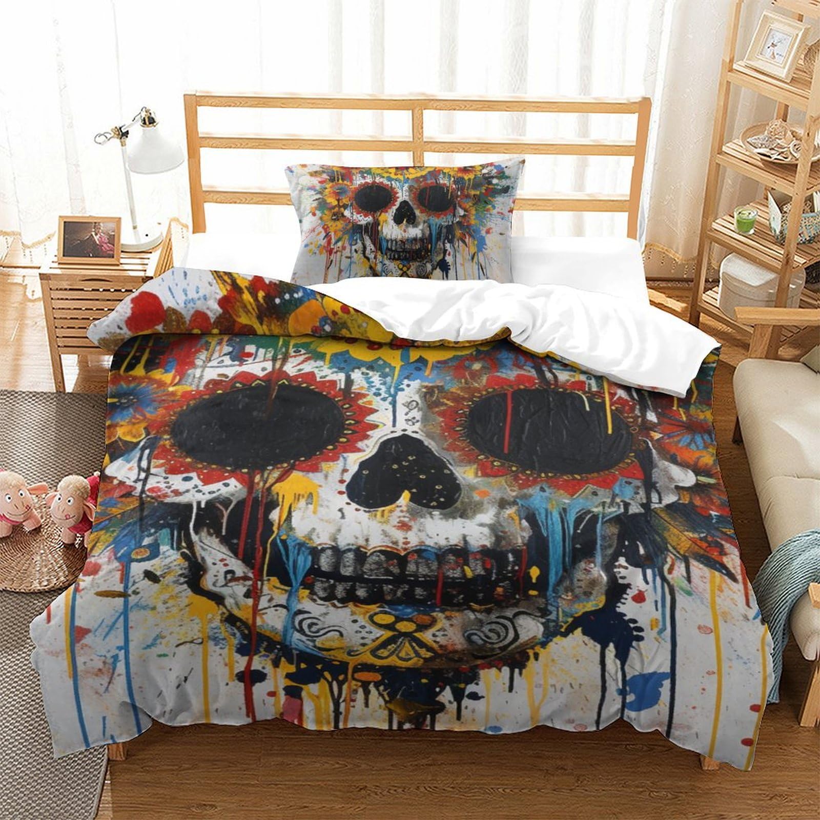 Parure de lit crâne housse couette 135x200cm pour chambre ado rock