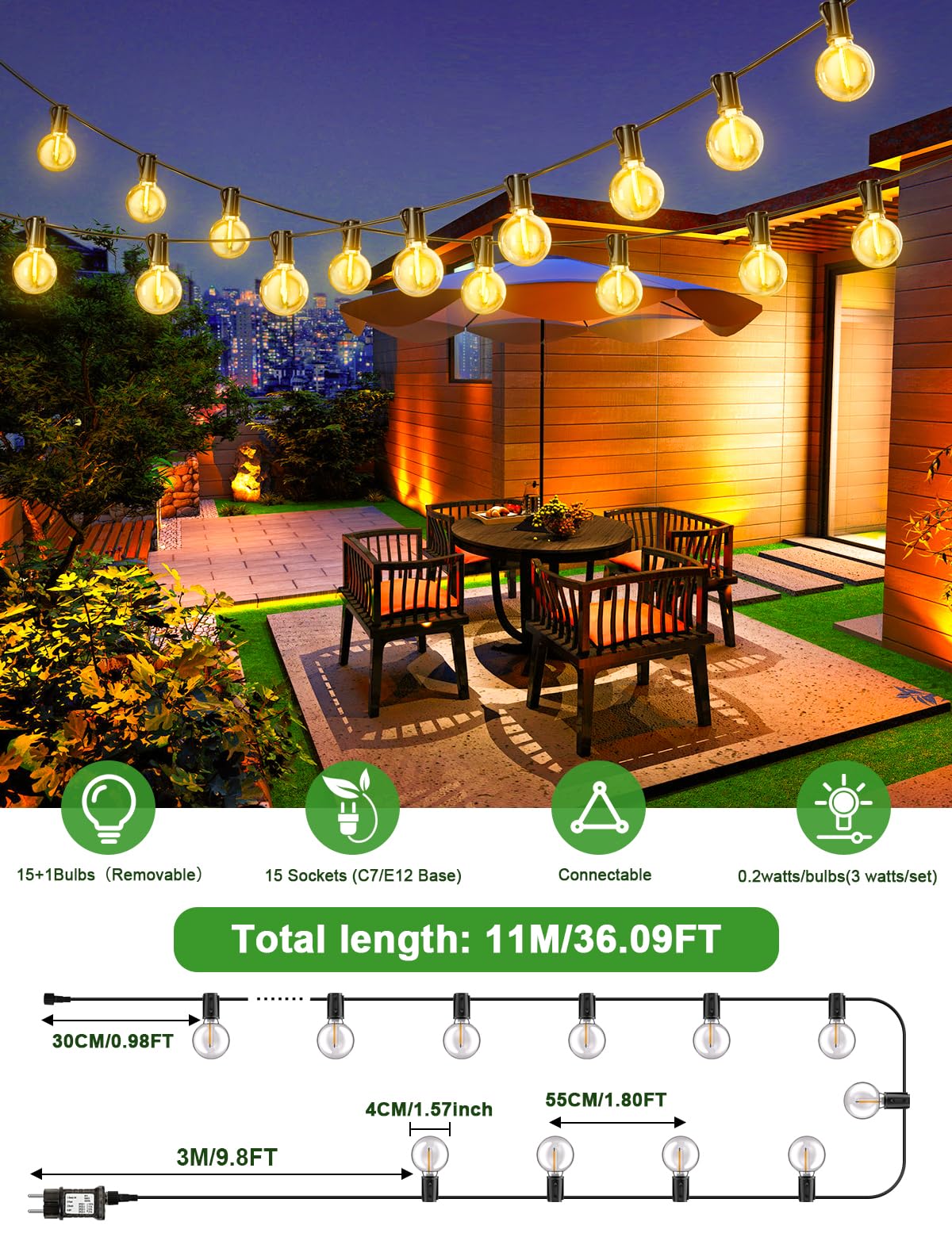 FIFlying Guirnalda Luces Exterior, 11M/36Ft Guirnaldas de Luces Exterior con 15+1 G40 Bombillas, 3 Modos IP44 Impermeable Luces Led Interior con Enchufe para Jardín, Patio, Café, Fiesta, Terraza