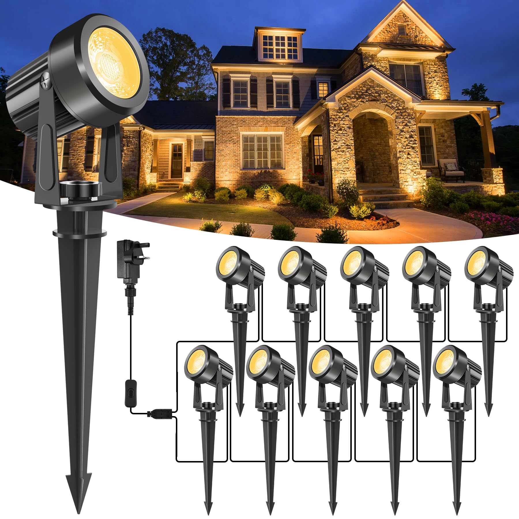 NATPOW Garden Spot Lights, Garden Lights Mains Powered, Warm White Outdoor Spike Light with Adapter