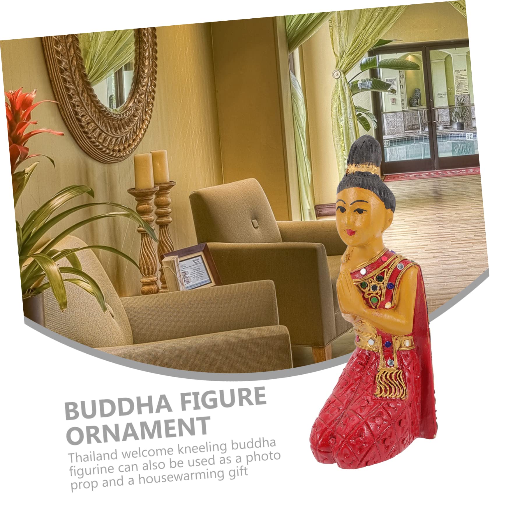 SOLUSTRE Estatua de Buda Arrodillado Roja de Madera Estilo Oriental