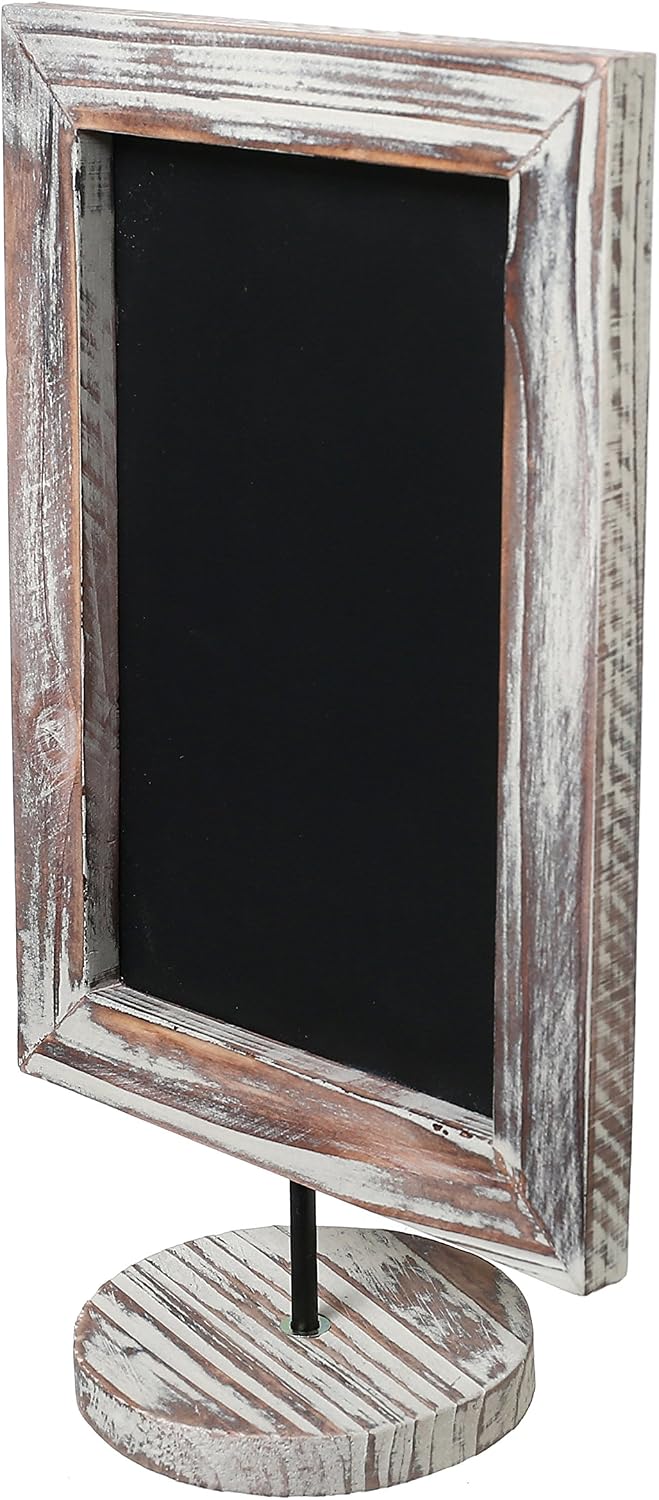 MyGift Set of 2, 12 Inch Chalkboard Sign with Torched Wood Rectangular Frame and Round Base, Rustic Wedding Table Place Card Signage, Small Kitchen Countertop Memo Board