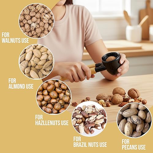 Miniatura 6 de Iconikal Cascanueces de cuerpo metálico resistente con mango de madera, negro y arce - fácil cascanueces para nueces, almendras, pecanas