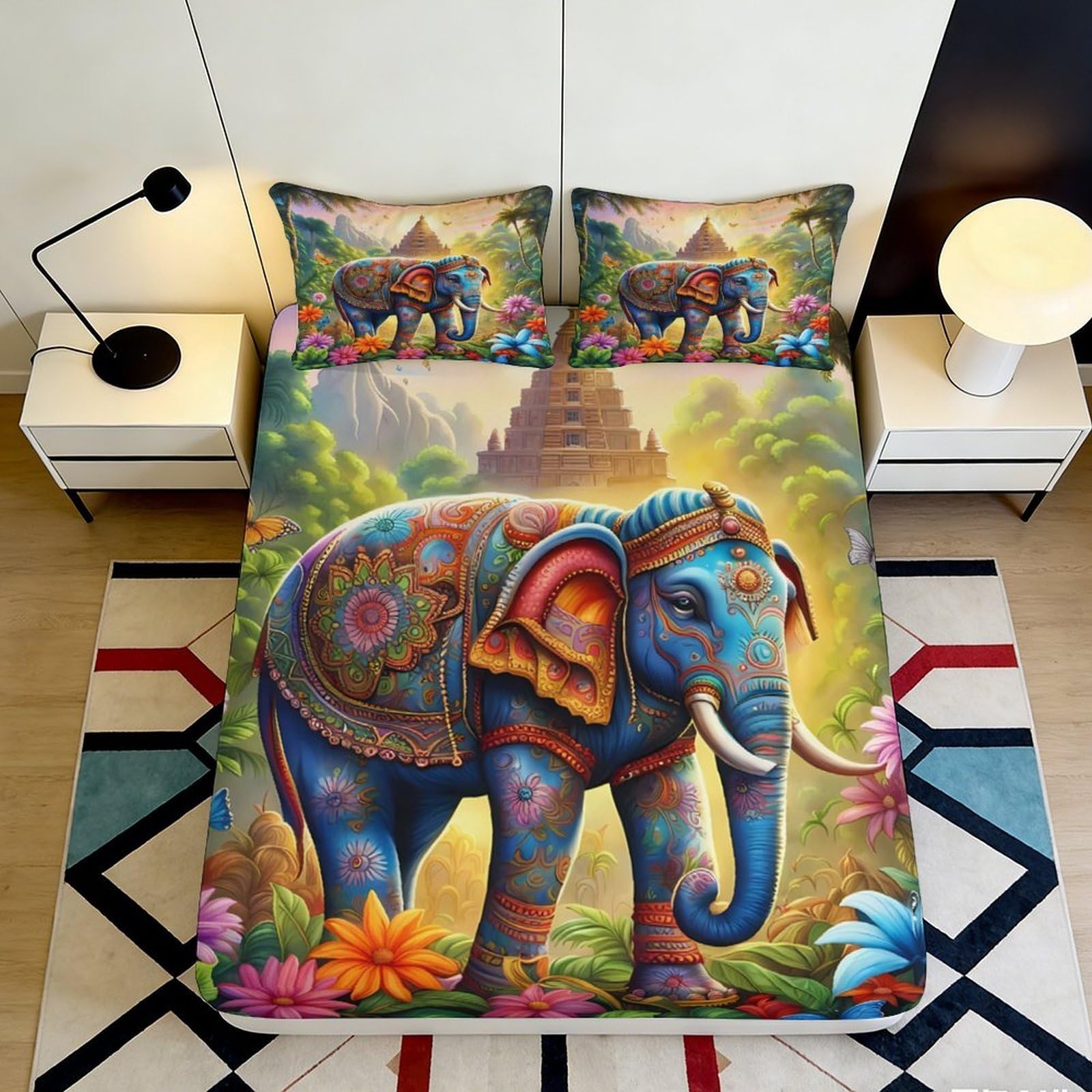 Pnayamiorkfel Style-6 3D Printed Colorful Elephant Fitted Sheet Microfiber Artistic Temple Bed Cover For Bedroom Guest Room Decor Protection 90X200x25cm
