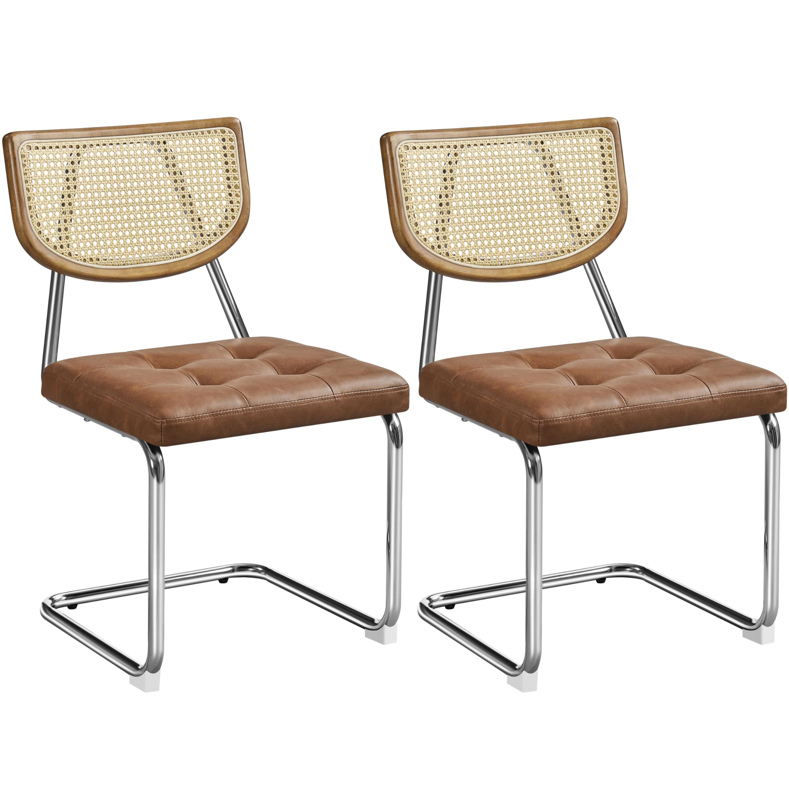Yaheetech Juego de 2 Sillas de Comedor de Ratán Tejido de Mediados de Siglo Sillas de Cocina Asiento Acolchado Pata de Metal para Cocina Salón Marrón