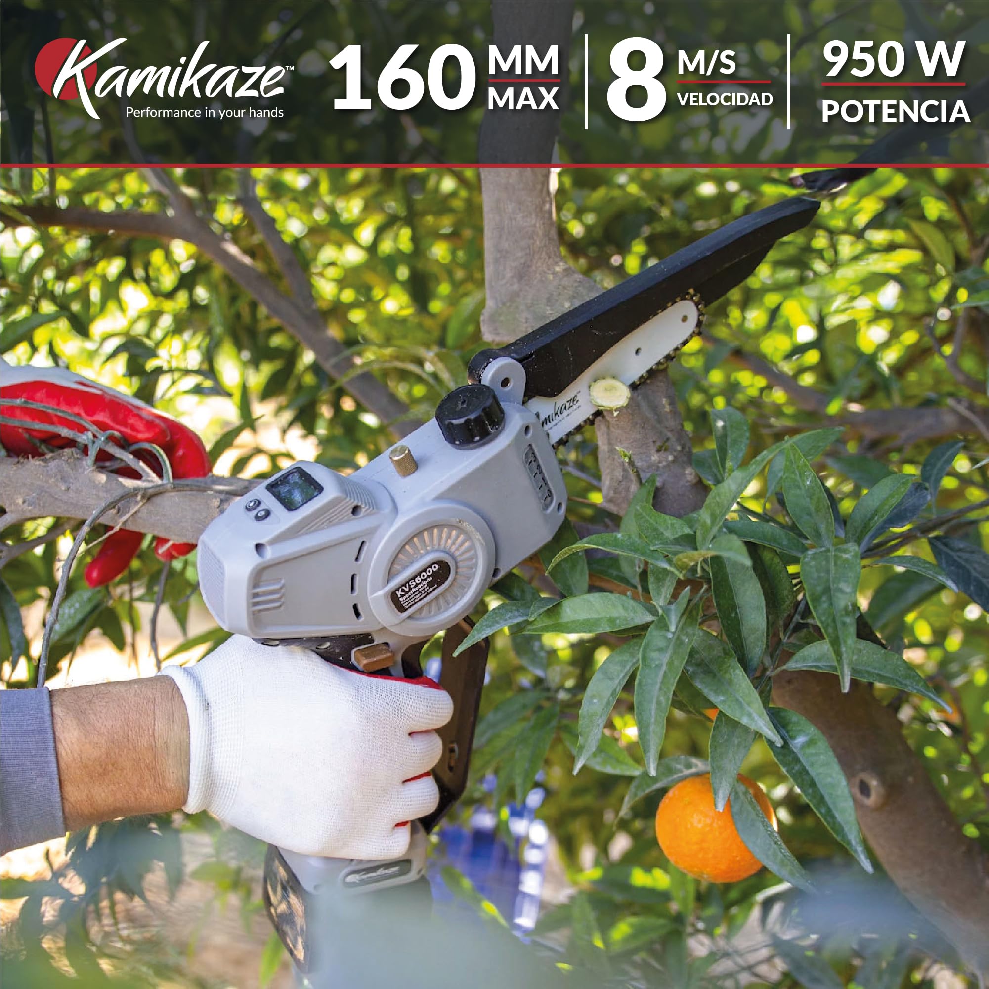KAMIKAZE KVS6000 Mini Motosierra a Batería 21V, 6” 800W, Sierra Eléctrica Recargable con 2 Baterías 4Ah y Cargador Triple, Motosierra Portátil Inalámbrica con Luz LED, Maletín y Kit de Accesorios