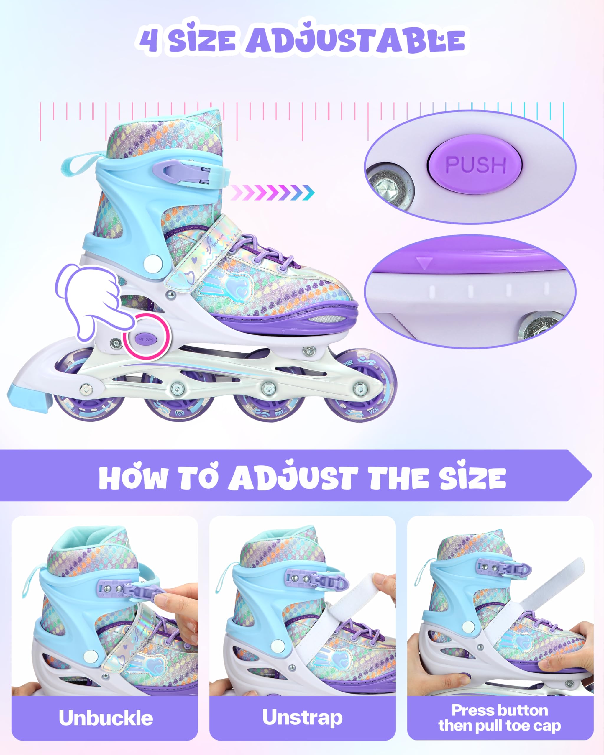 Pattini in linea per bambini 30-41, regolabili, Sportneer in linea con 6 protezioni per bambini, ragazze, donne, 8 LED in linea per bambini, serie arcobaleno
