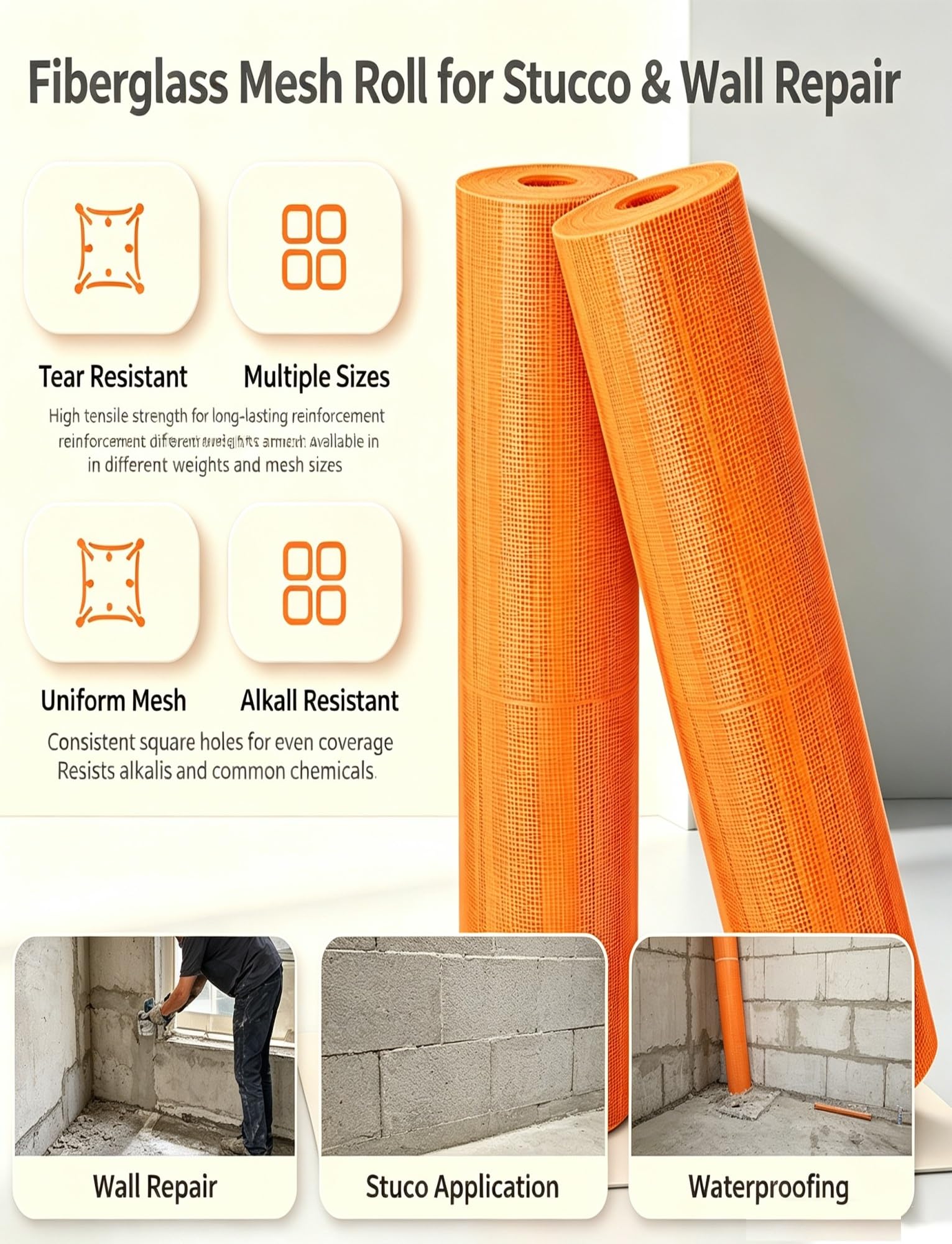 Rollo malla fibra vidrio 1x50m, refuerzo pared resistente a álcalis