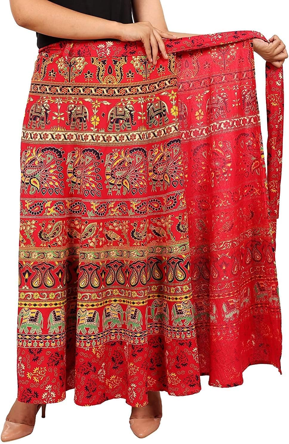 N'AWomen Long Maxi Skirt Beach Ankle Length Skirt|Cotton Women's Long Wrap Around Skirt Jaipuri Printed (Free Size Upto 44-XXL) Red