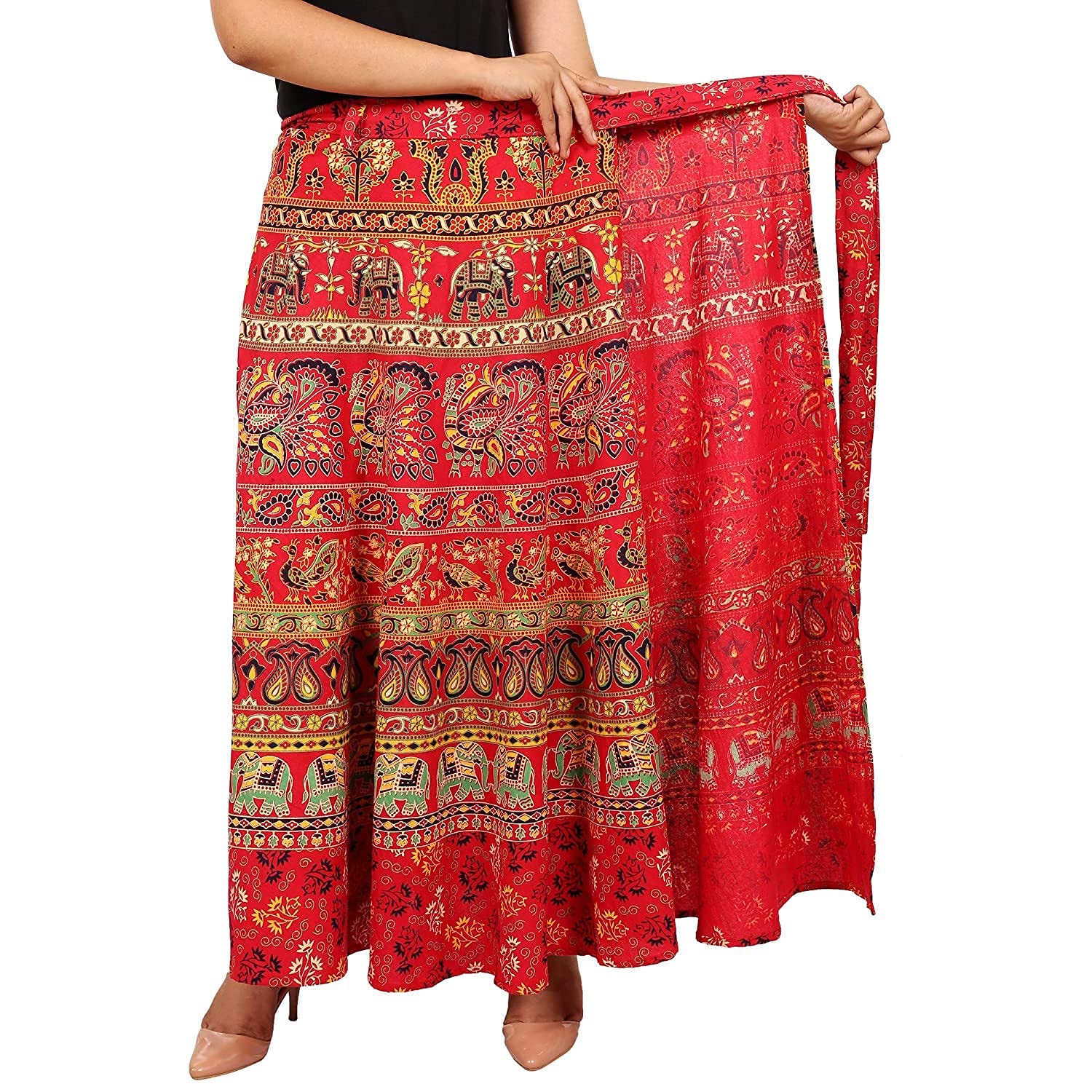 N'AWomen Long Maxi Skirt Beach Ankle Length Skirt|Cotton Women's Long Wrap Around Skirt Jaipuri Printed (Free Size Upto 44-XXL) Red