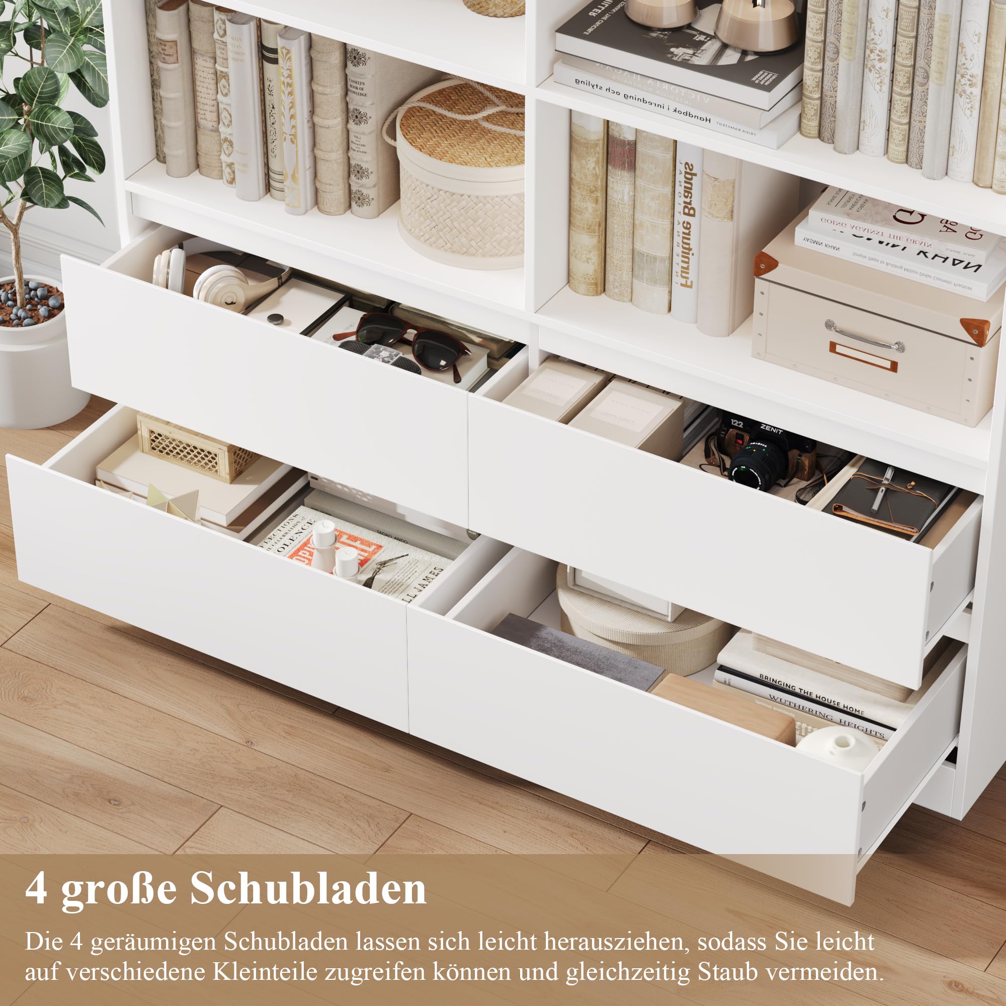 FirFurd Bücherregal mit 4 Schubladen 8 Fächern Bücherschrank 120x30x180cm | Hochschrank groß, Wohnzimmerschrank mit doppeltem Stauraum, Mehrzweckschrank für Wohnzimmer Büro Küche, weiß
