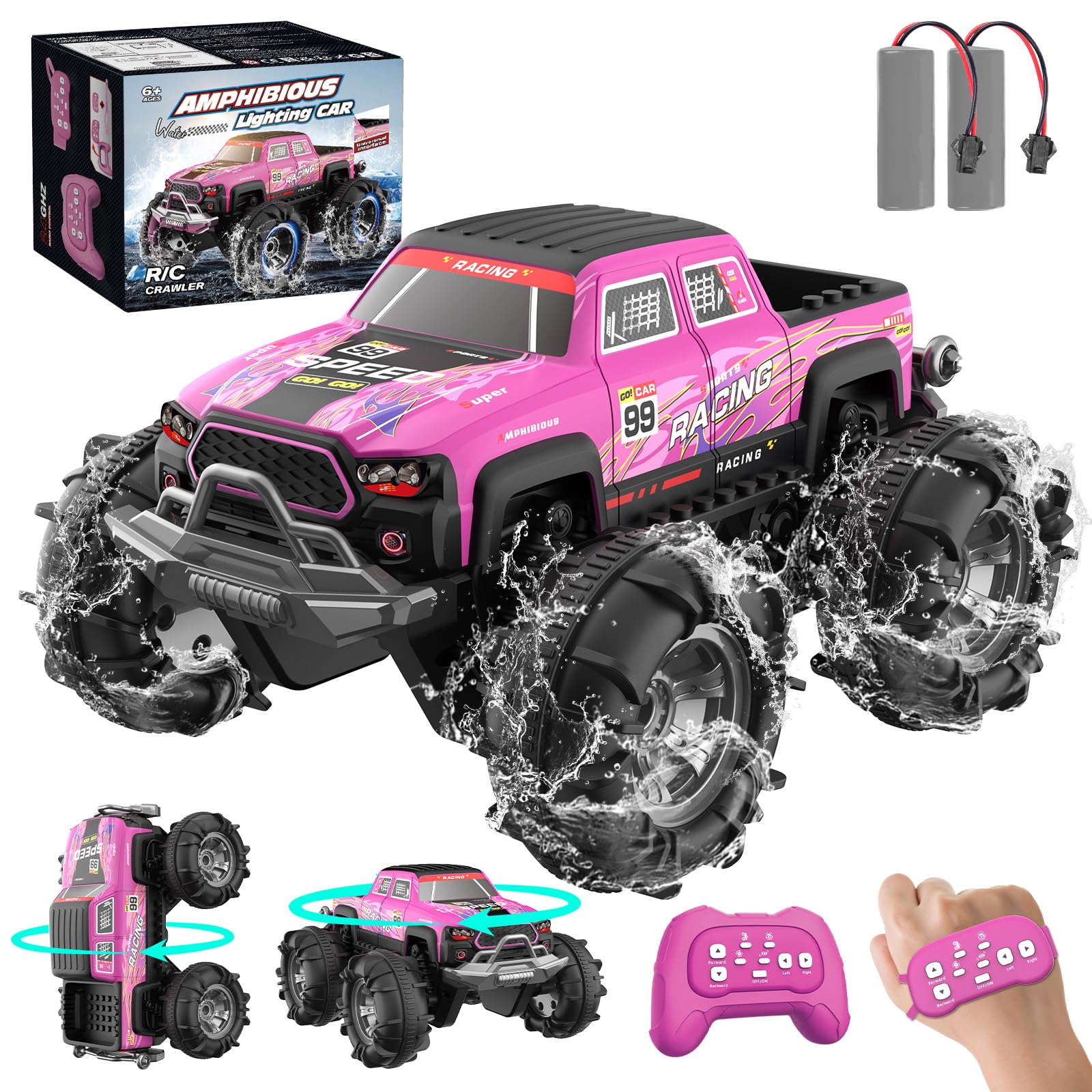 Macchina Telecomandata Anfibio, 2,4 GHZ 1:18 Monster Truck Telecomandato con Sensore Gestuale, 4WD 8,5 KM/H Macchina Radiocomandata con Luce LED e 2 Batterie Auto RC Regali per Ragazzi Ragazze