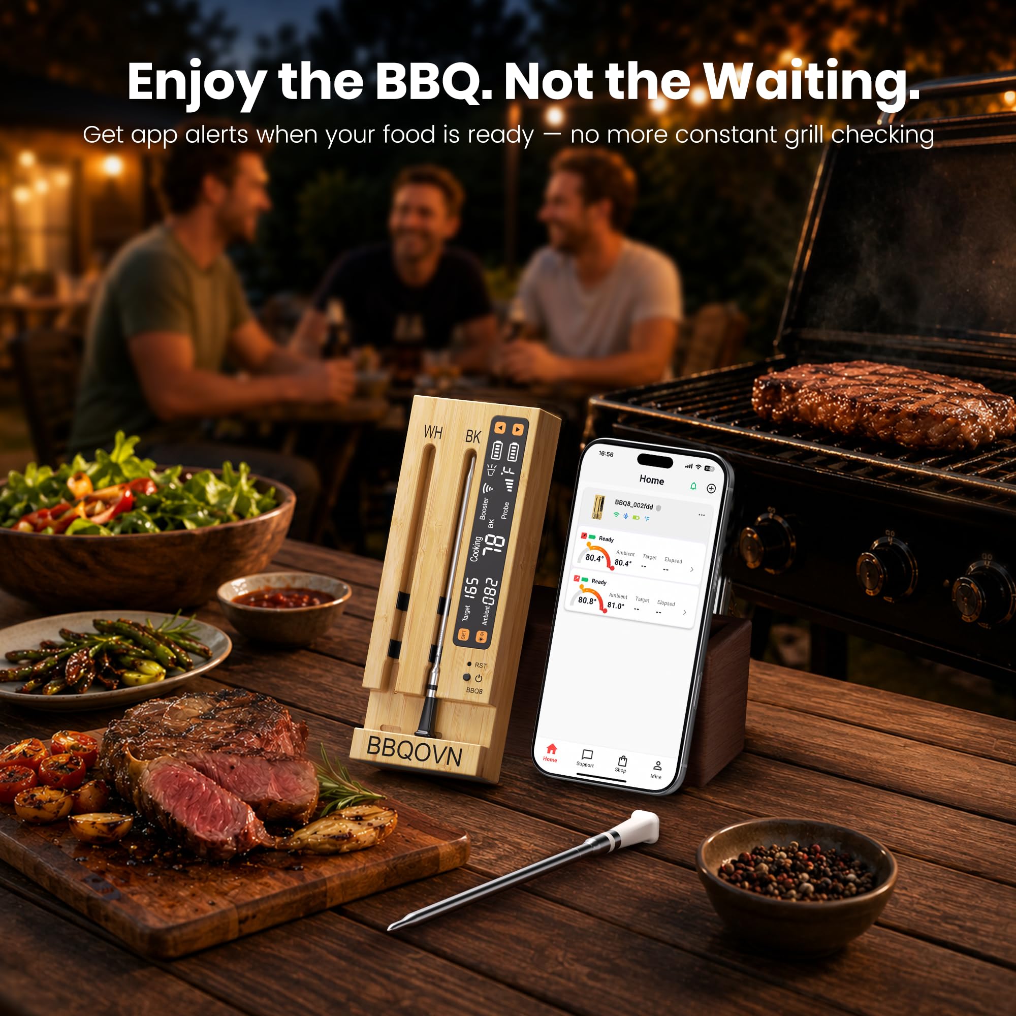 BBQOVN Termómetro inalámbrico WiFi Sub-1G para carne, rango ilimitado, 7 sensores certificados NIST con temperatura ambiente, 2 formas de monitoreo de temperatura, base inteligente digital y