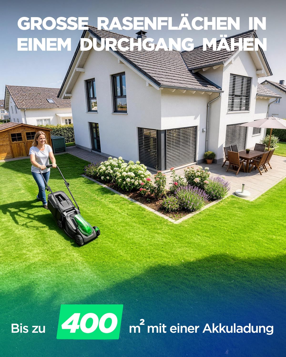 Akku-Rasenmäher für kleine Gärten, 33 cm Arbeitsbreite, bürstenloser Antrieb, 2-in-1 Mulchen & Fangen, mit 2×5,0 Ah Akkus für bis zu 400 m² pro Ladung, inkl. Typ-C-Ladekabel