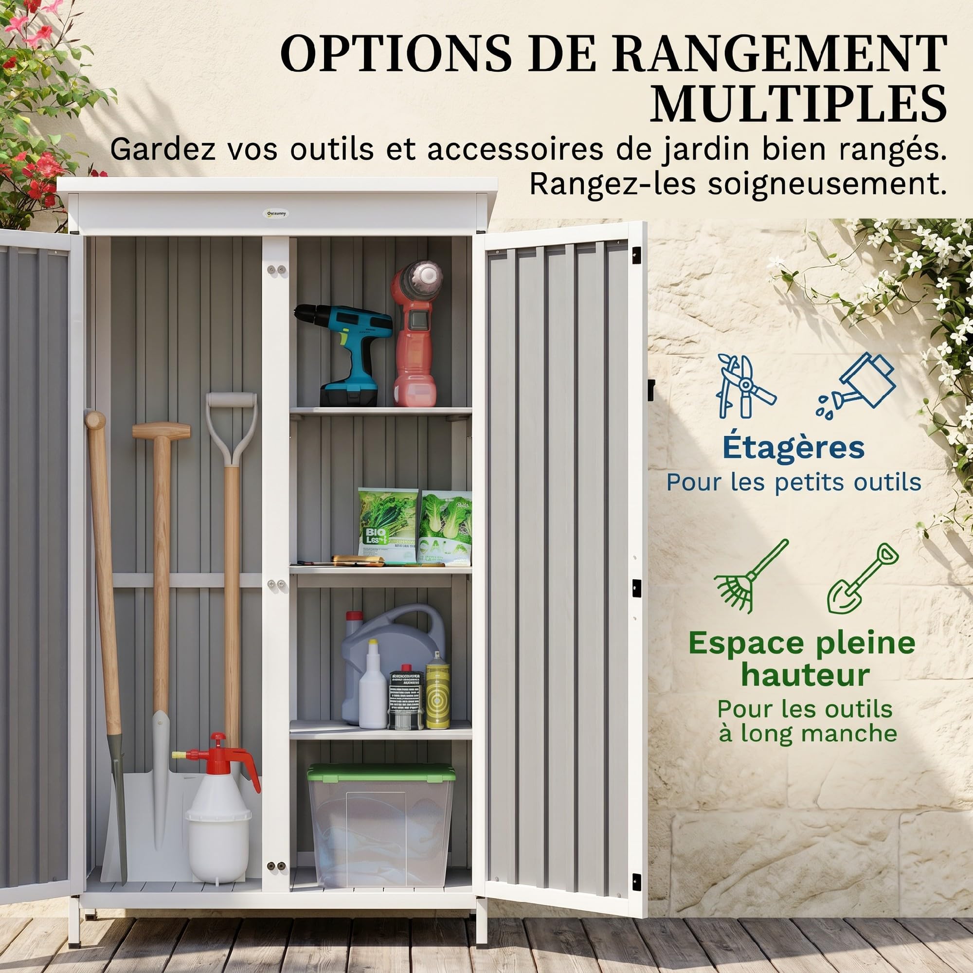 Outsunny Armoire de Jardin en Bois Acier Galvanisé Portes Doubles Noir | Fermeture Métallique, 3 Étagères Amovibles, Toit en Asphalte Imperméable, Base Élevée