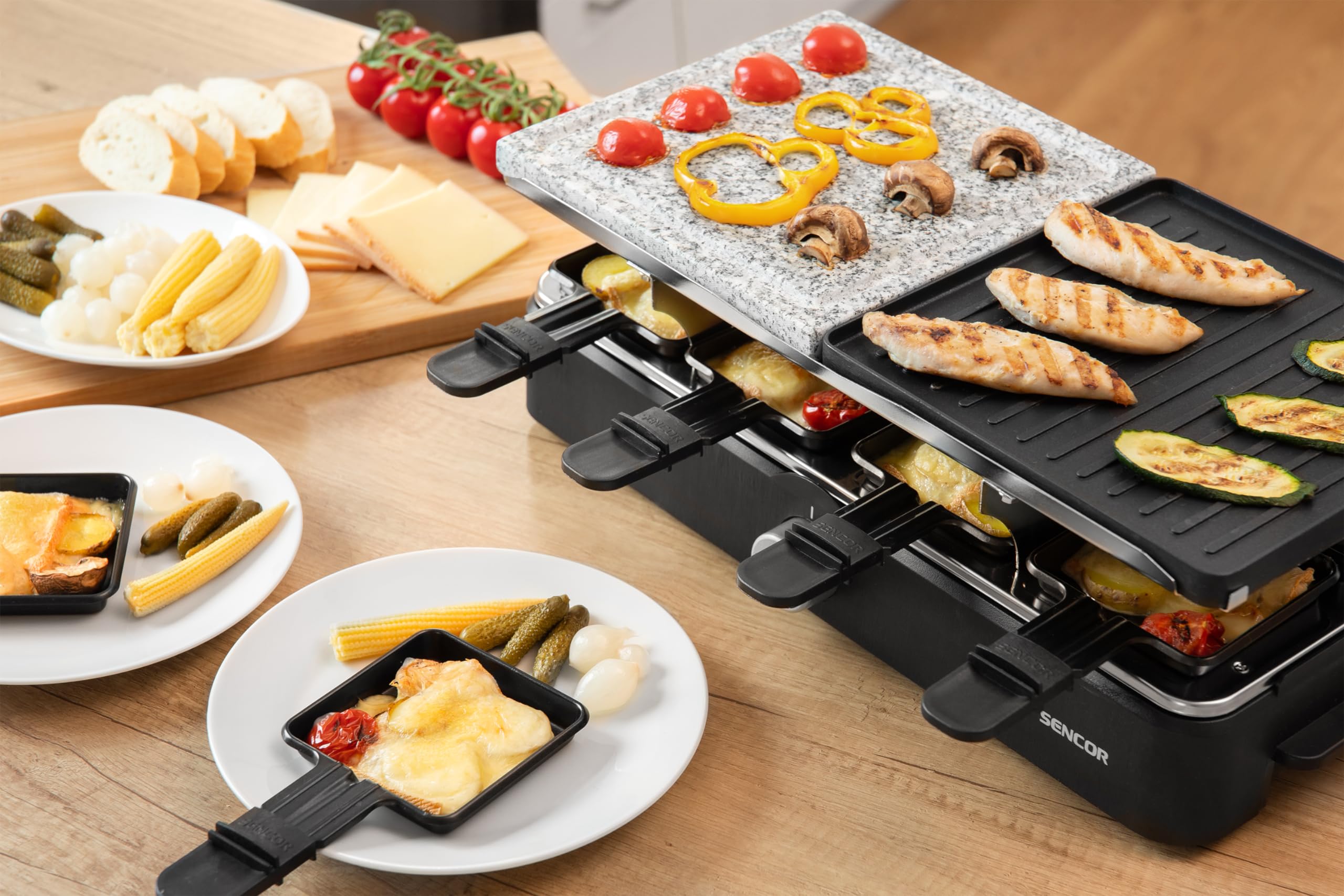 Sencor Appareil à Raclette Multifonctions Puissant, EasyClean, Professionnel 1400W, pour 8 personnes, pour fromage, Fondue, Grill et Pierre, Température réglable, Accessoires complet