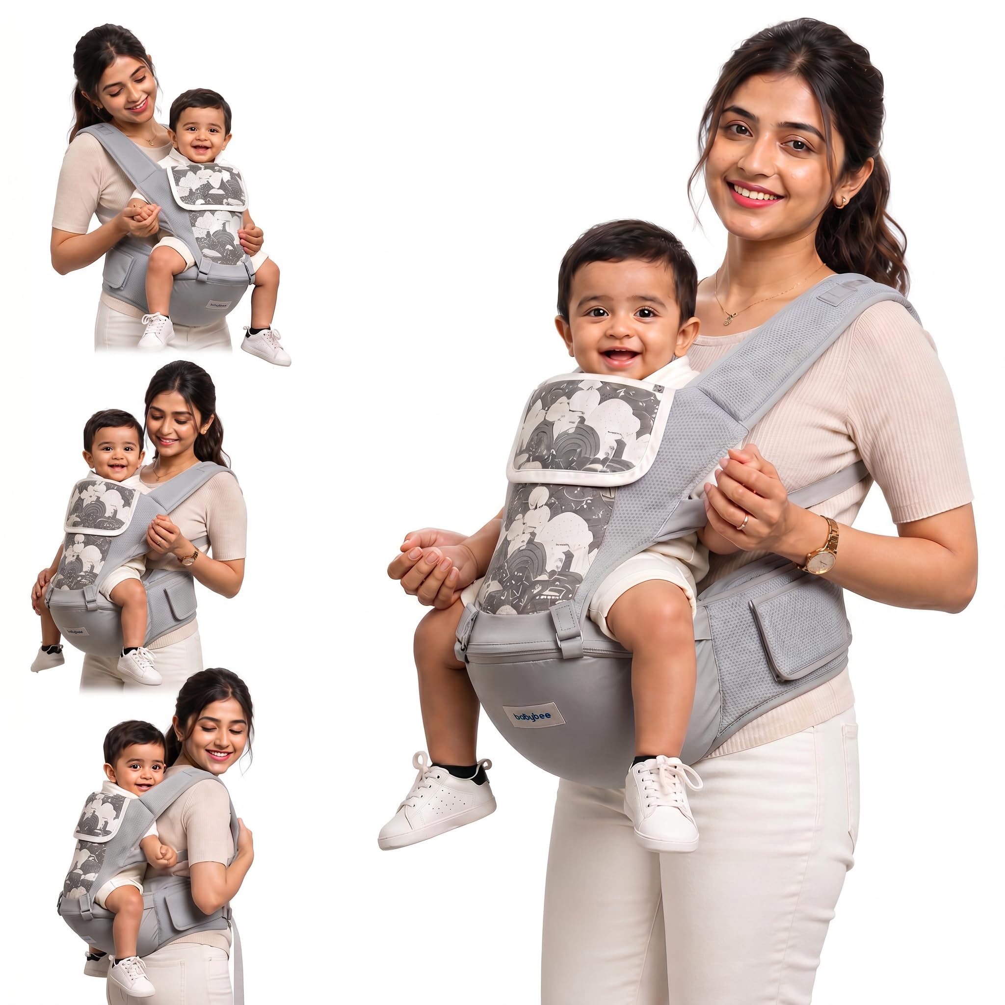 Baybee 6-in-1 Baby Carrier for 0 to 3 Years with Hip Seat, Kangaroo Bag, Lumbar Waist Support, Breathable Mesh, Utility Pocket & Bottle Holder, Weight Up to 15 Kgs (Grey)