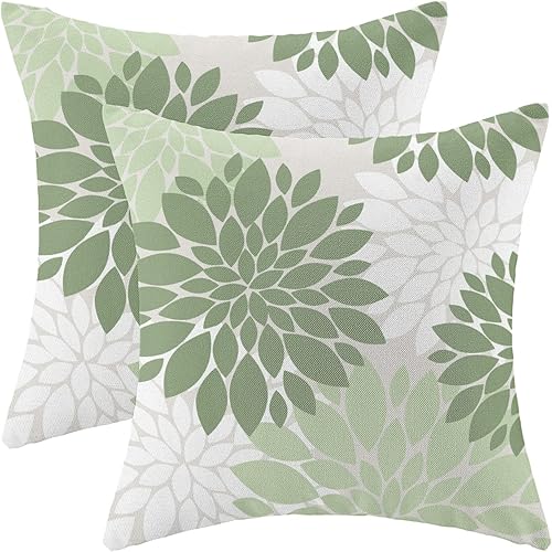 CXMEIFLY Fundas de Almohada Verde Salvia Blanco 16x16 Pulgadas Juego de 2 Decoración Floral Dalia Almohadas Decorativas Verano Geometría Moderna