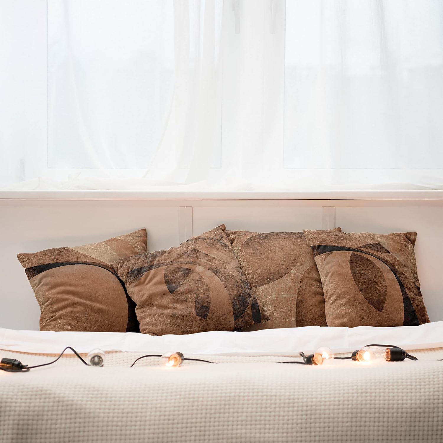 Ambesonne Retro Throw Pillow Cushion Case Pack of 4, Abstract Warm Geometric Pattern Circular Details Grunge Effect Design, Modern Accent Double-Sided Digital Printing, 16", Pastel Brown and Chocolate