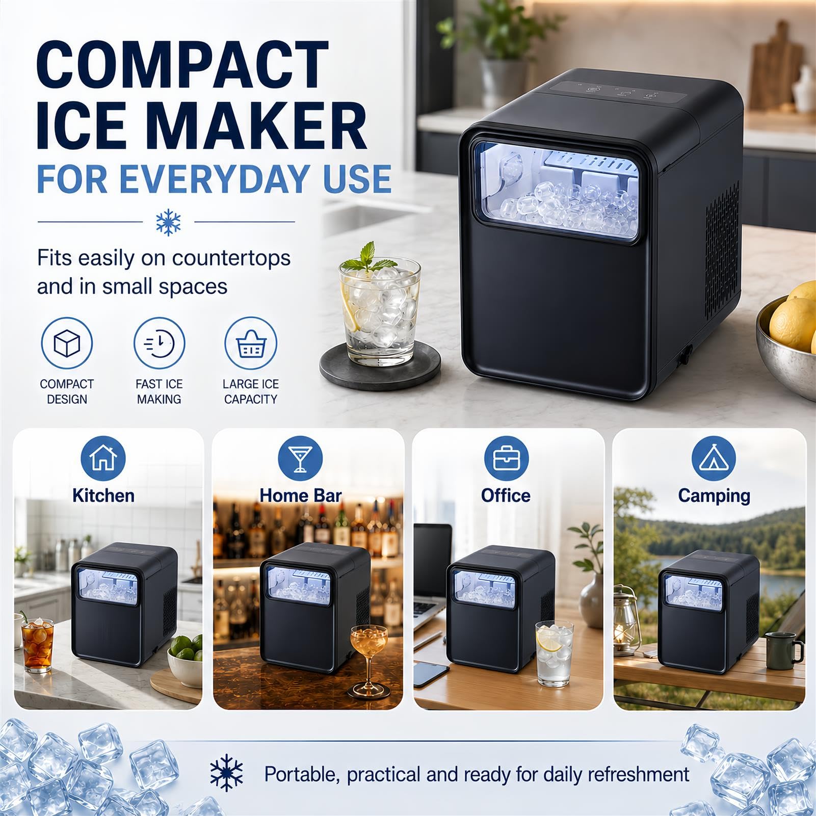 Macchina portatile del produttore di ghiaccio del bancone con il serbatoio dell'acqua 1.5L produce ghiaccio proiettile in 6 minuti due dimensioni autopulizia per la festa del bar dell'ufficio della cu