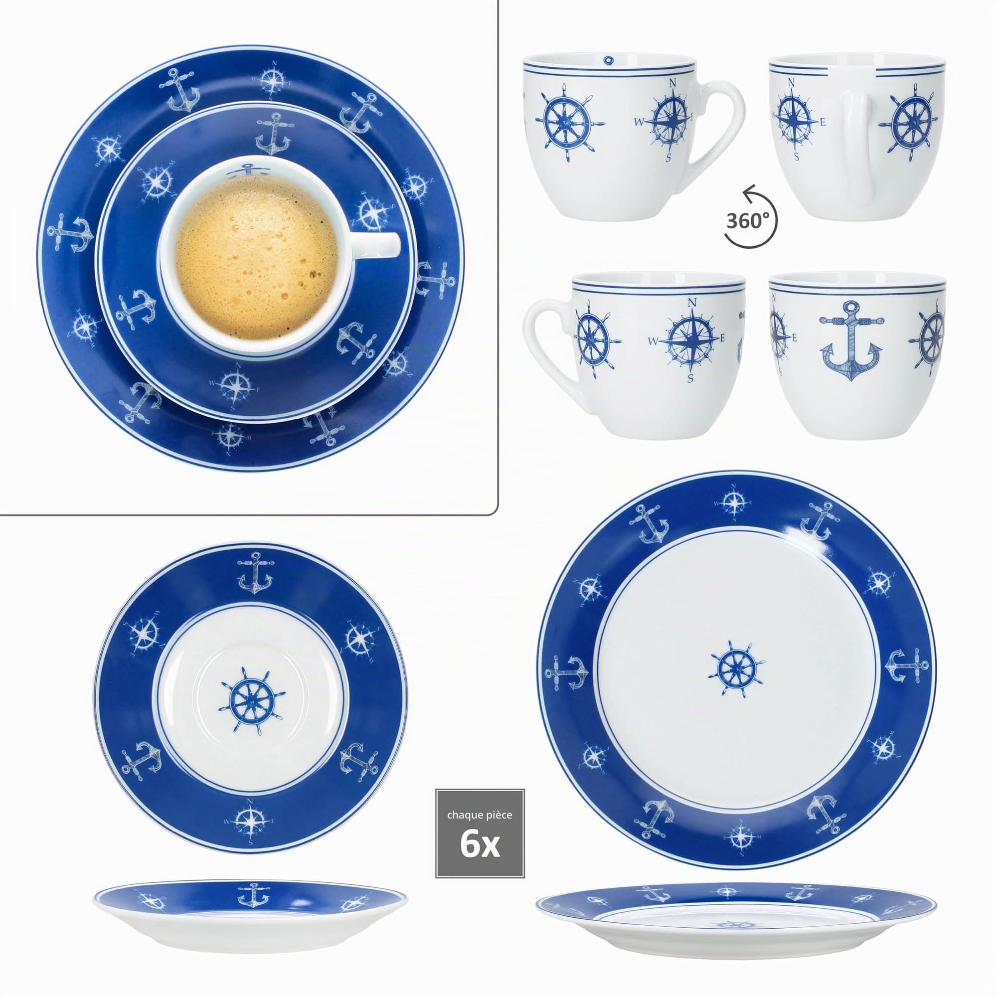 MamboCat AHOI Service à café 18 pièces vaisselle en porcelaine bleue et blanche motifs nautiques ancre & co pour 6 personnes