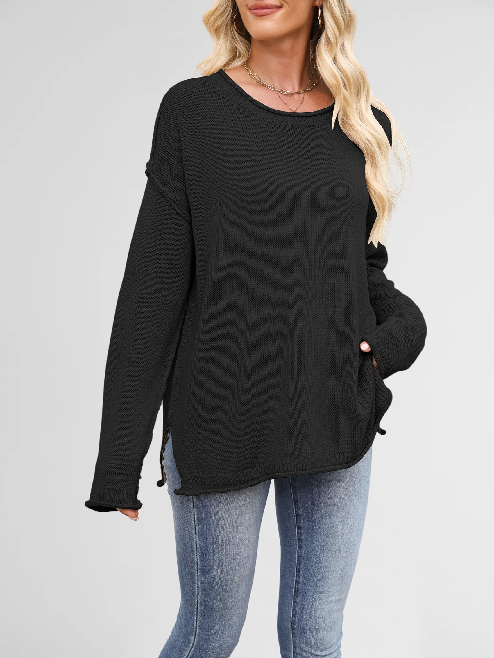 Luźne Swetry Damskie, Luźne, z Długim Rękawem i Okrągłym Dekoltem, Dzianinowe, Przytulne, Swetry Pullover Czarny S