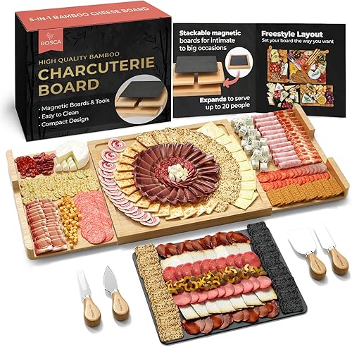 Juego de tablas de queso y embutidos de bambú, juego de regalo de tablero de charcutería extragrande de madera y pizarra, con cuchillo de queso,