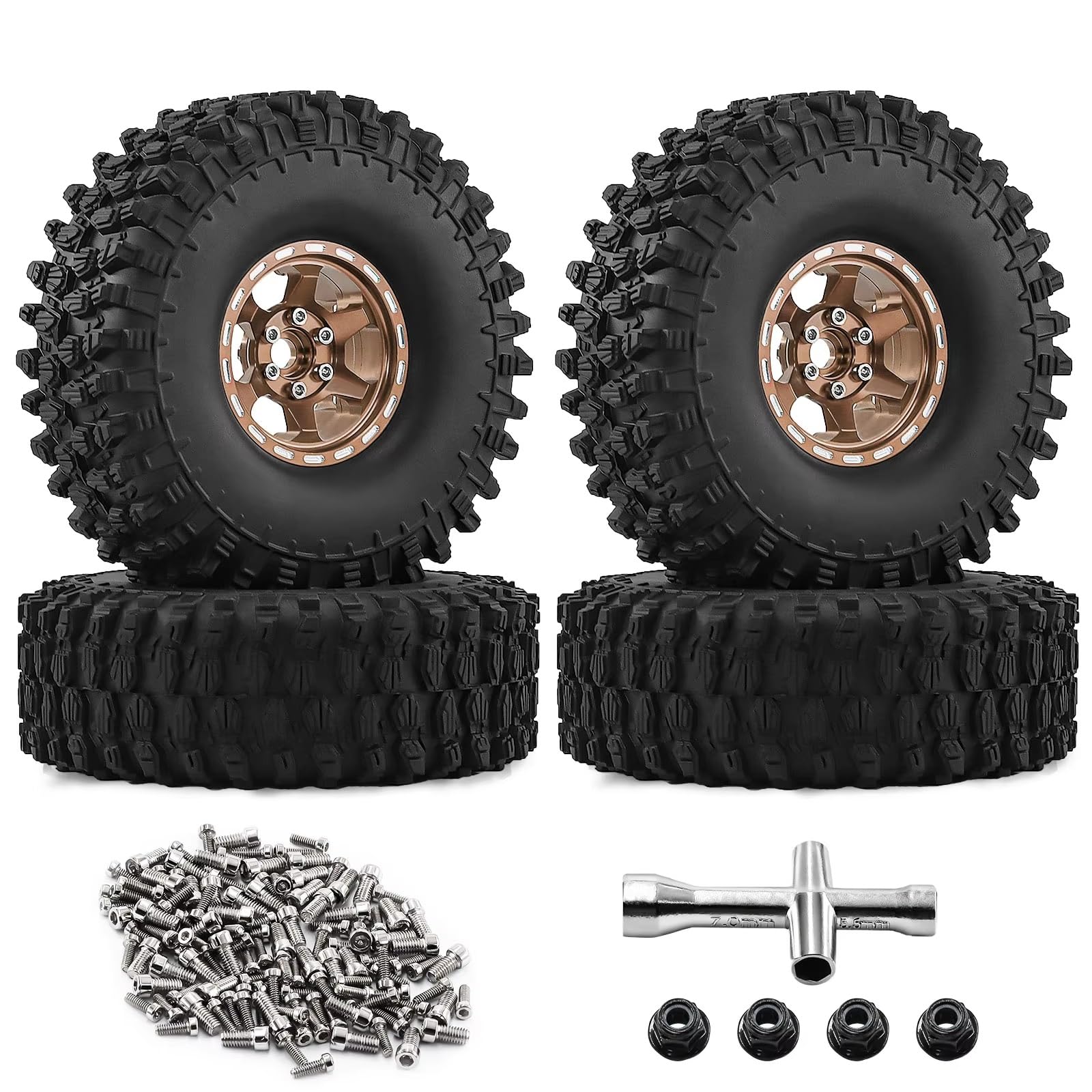 Pneumatico Ruota Per Axial Per SCX10 II/III 90046 AXI03007 1/10 Accessori | Kit Ruote Beadlock alluminio Crawler con Cerchi Lega Leggera e Battistrada Agressivo Multi Terreno(Brown)